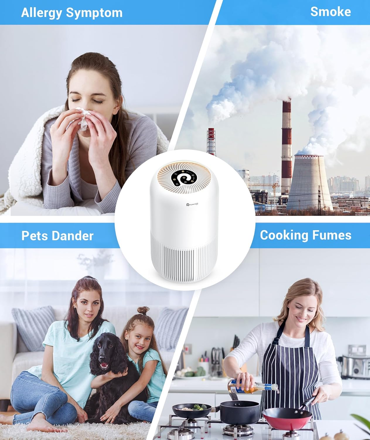 Dreamegg HEPA Air Purifier - Air Purifiers for Bedroom Allergies and Pets, 4-In-1 True HEPA & Activated Carbon Filter, Quiet 360&deg; Air Intake Cleaner with Pet Mode Night Light for Home Smoker Office image number 3