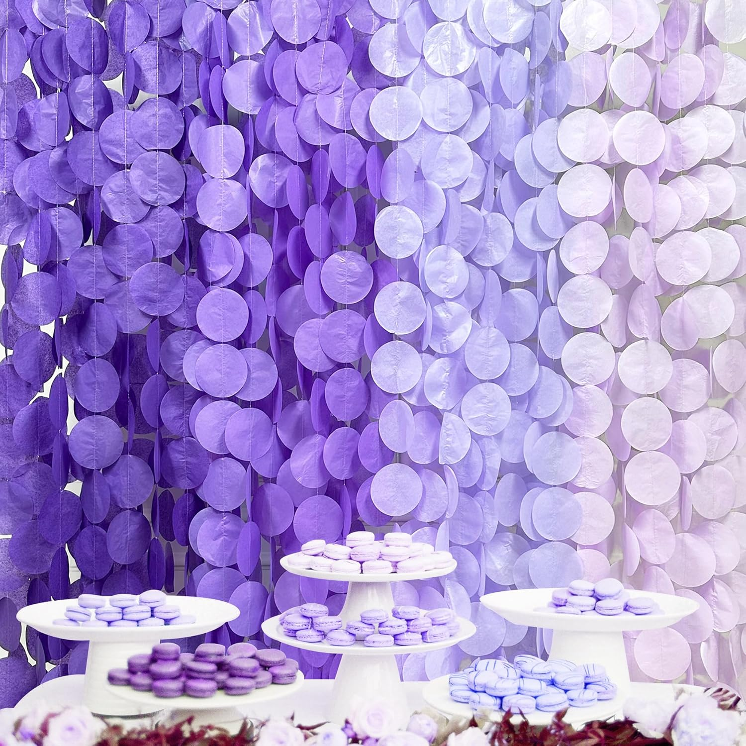 205 Ft Ombre Purple Lavender Circle Dot Backdrop Streamer Tissue Paper Polka Dot Hanging Garland for Birthday Baby Shower Wedding Bridal Shower Engagement Violet Lilac Party Decorations Supplies
