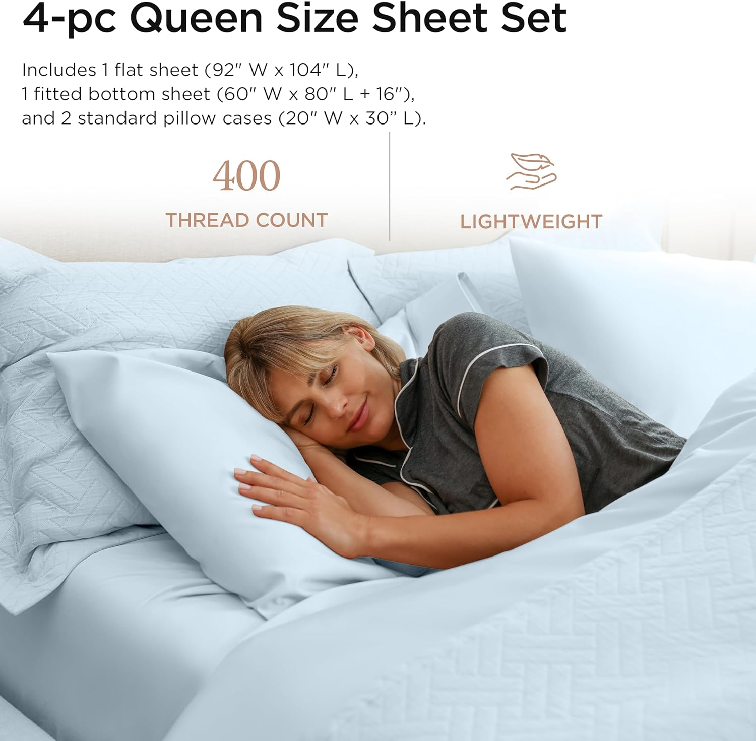 Certified 100% Egyptian Cotton Sheets Queen Size, 4 Piece Luxury Sateen Weave Light Blue Bed Set, Solid Luxury Bedsheets with Elasticized Deep Pocket - by Threadmill image number 6