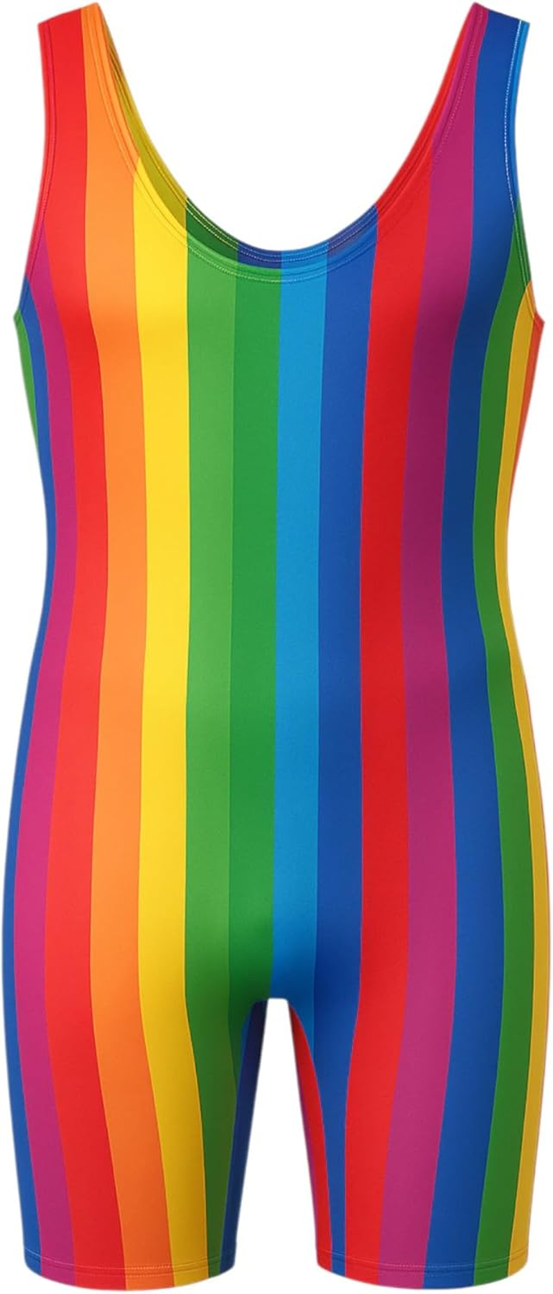 Adult Rainbow Stripe Sleeveless Short Unitard One Size Fits Most | LGBTQ+ Singlet Romper for Pride Parade, Mardi Gras, Festivals & Dance &ndash; Bright Vertical Stripes
