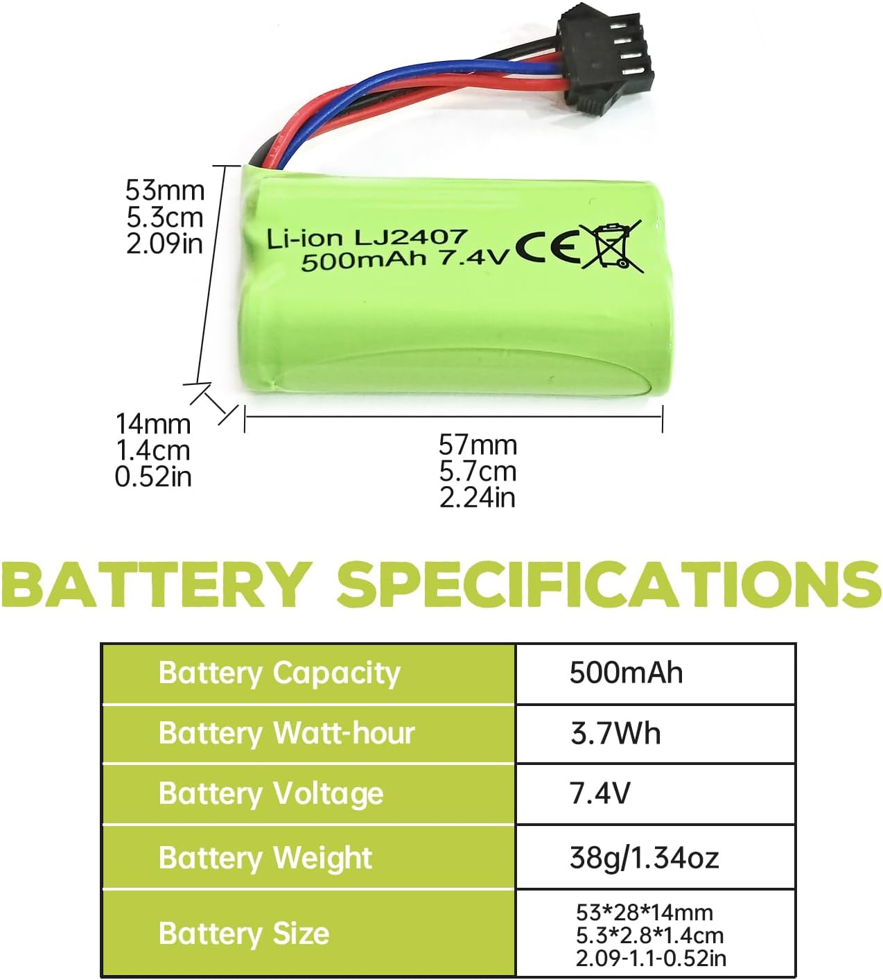 2PCS 7.4V 500Mah SM-4P Plug Charging Battery with USB Charging Cable for EC16 DE85 RC Toy Car Model Off-Road Vehicle Battery M416 Electric Gel Ball Blaster Backup Battery image number 3
