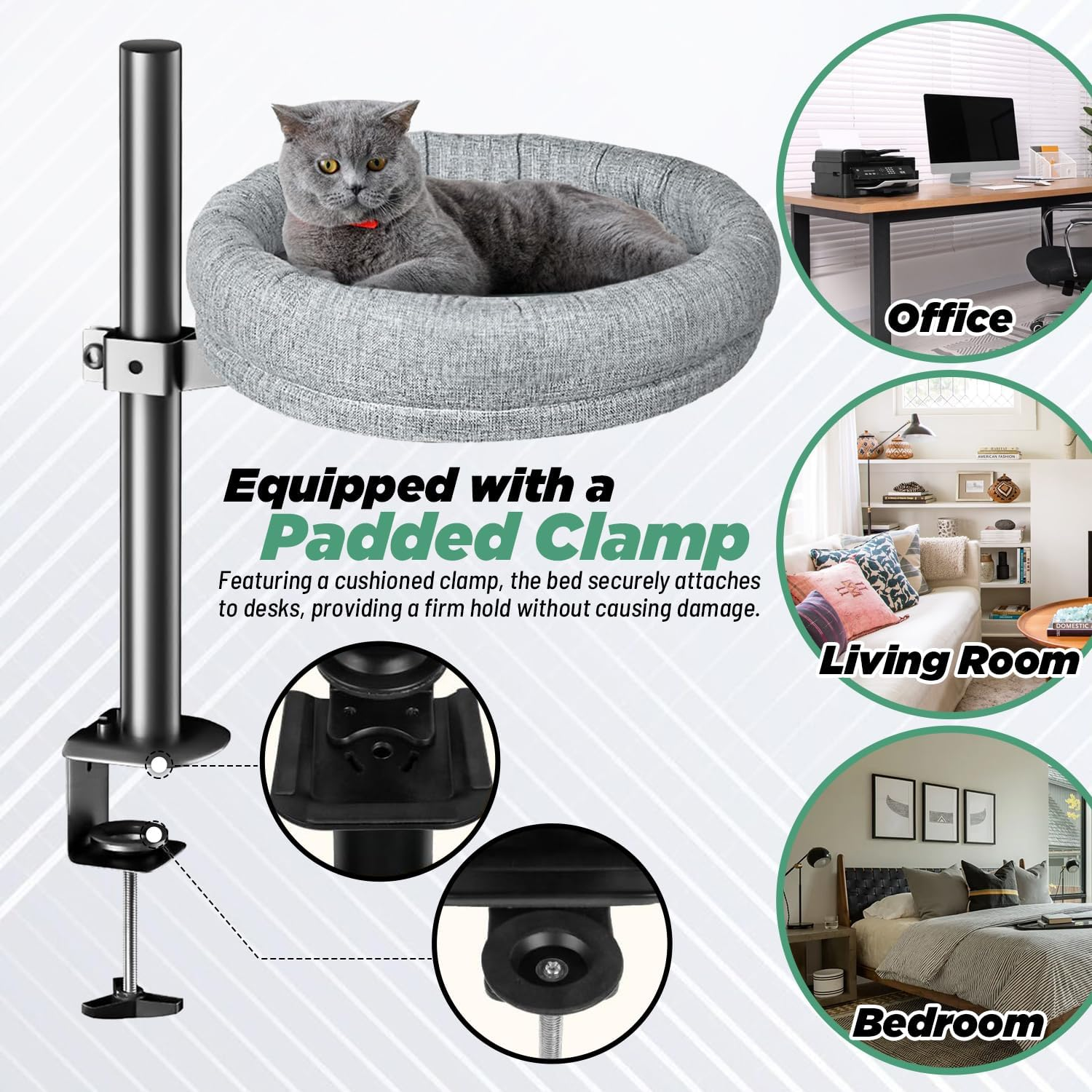 Raised Cat Bed &ndash; 360&deg; Rotating Cat Hammock for Desk | Spacious Elevated Cat Nest with Soft Plush Cushion | Adjustable Height up to 40Cm | Secure Padded Clamp, Space-Saving & Machine Washable image number 3