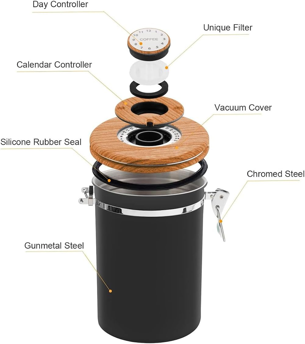 AIMALL Coffee Storage Canister with Day Schedule, Vacuum Sealed Jar with Spoon and Date Tracker, Airtight Stainless Steel Tea Powder Container in Wood Grain and Black image number 6