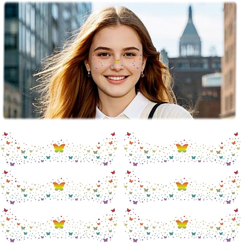 GXGM Pack of 6 Freckles Temporary Tattoos Butterfly Stickers, Rainbow Face Freckle Patch, Suitable for Rainbow Festival, Halloween, Decorative Gifts image number 2