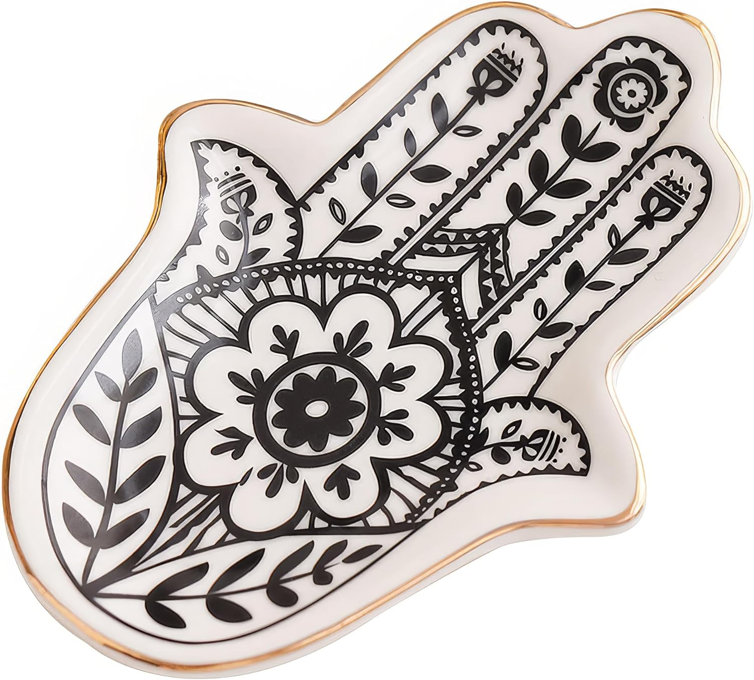 Hamsa Hand Ceramic Jewelry Tray - Home Decor Gold Trim Ring Dish & Small Item Organizer for Desk Vanity, Feng Shui Ornaments. image number 3