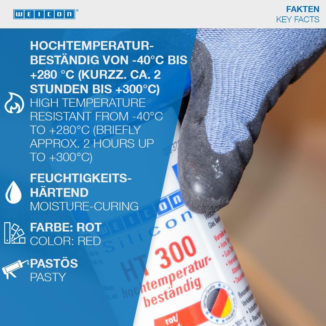 WEICON Silicon HT 300 85 Ml | High-Temperature Adhesive for Sealing Cord & Tape, Oven, Chimney, Red