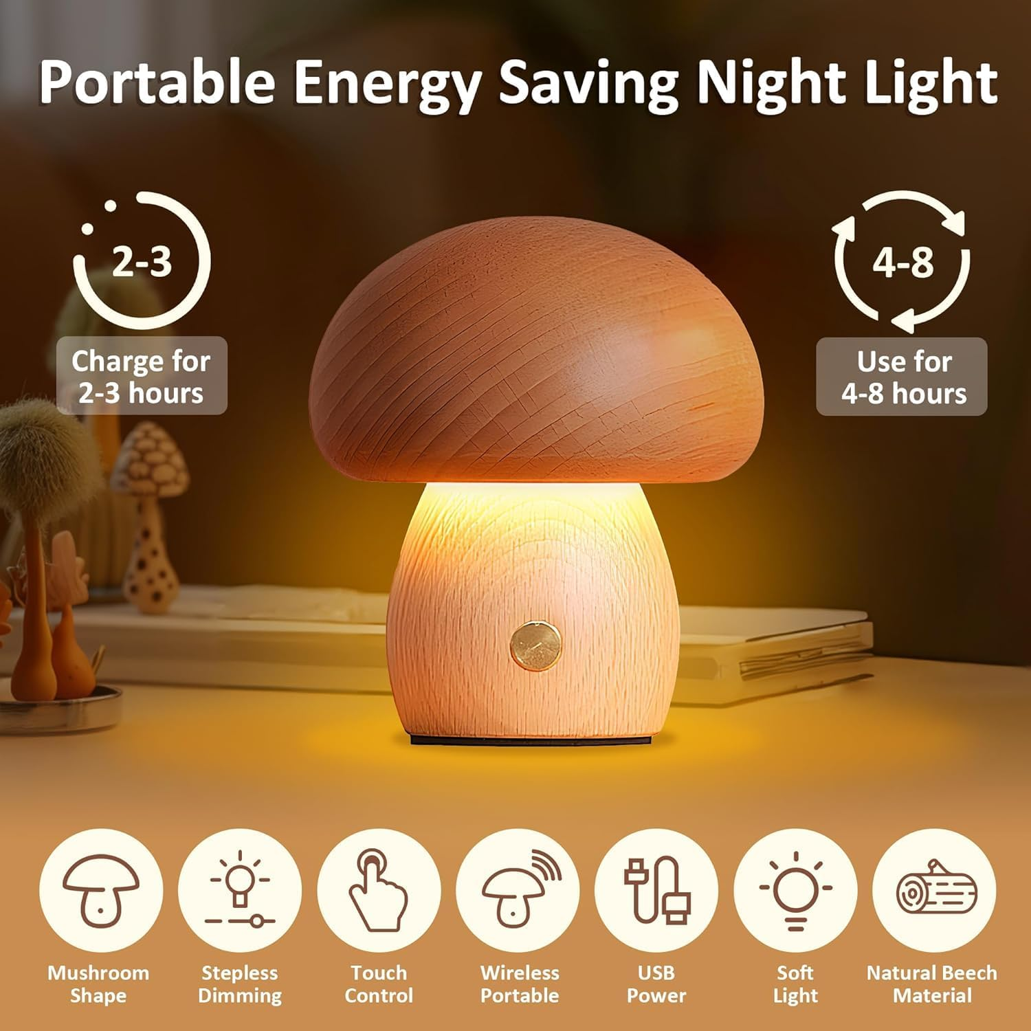 Wooden Mushroom Lamp &ndash; Portable Cordless Rechargeable Beech Wood Table Lamp with Stepless Touch Dimming & Memory, Compact Night Light Birthday Gift image number 5