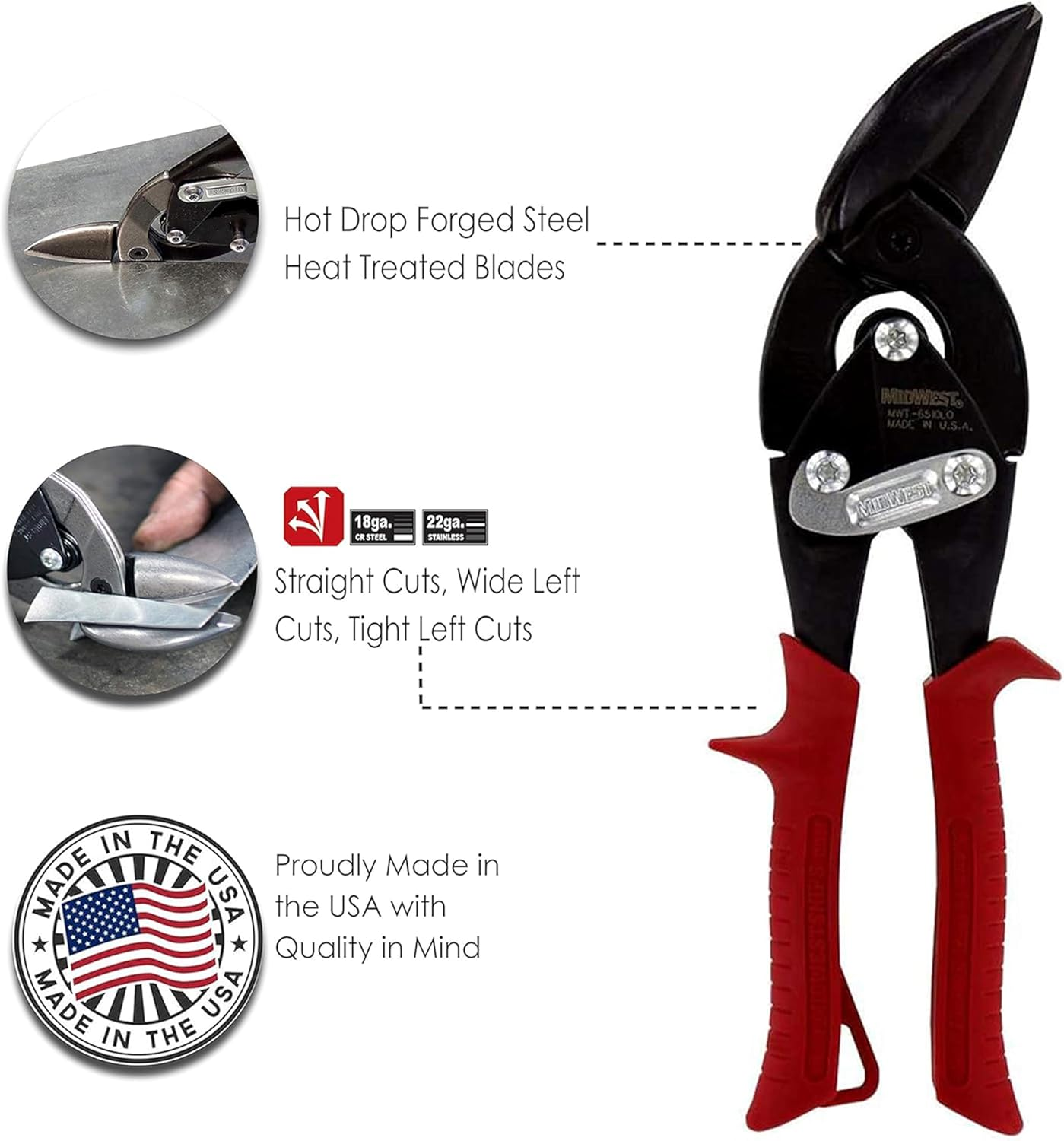 Midwest Tool & Cutlery Blackout Series Aviation Snip - Left Cut Offset Tin Cutting Shears with Forged Blade & KUSH'N-POWER Comfort Grips - MWT-6510LO image number 2
