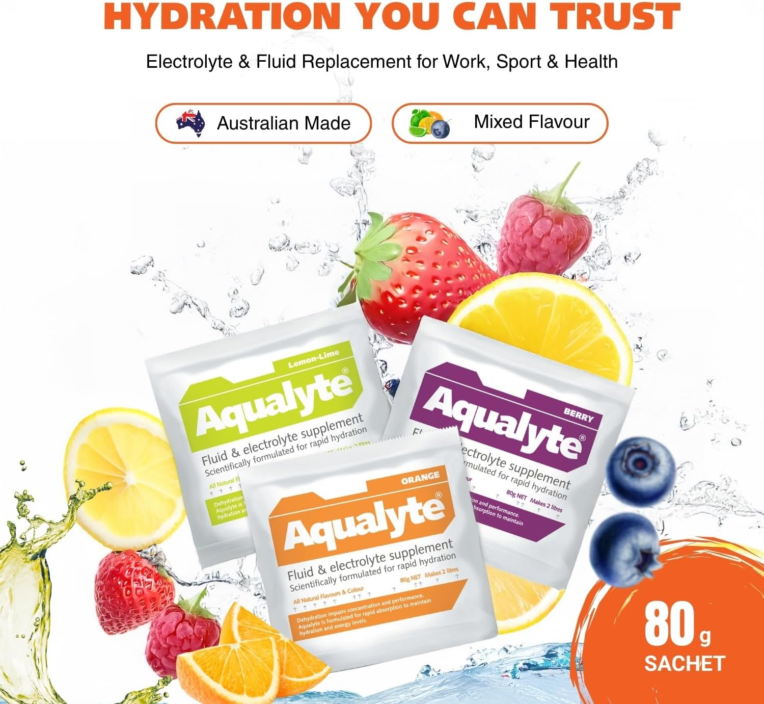 Hydration & Electrolyte Supplement, Natural Hydration Support, Great Taste, Rapidly Absorbed, Packed with Essential Electrolytes, Mixed Flavour, 80G Sachets, Makes 2 Litres, Box of 20 image number 4