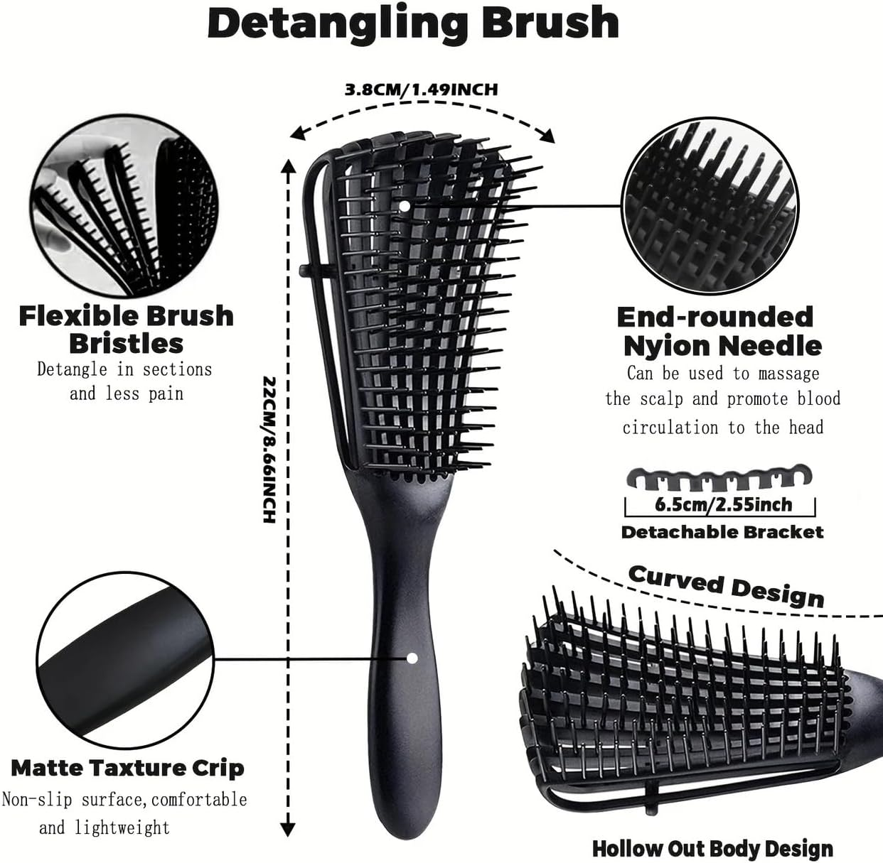 Detangling Hair Brush with Eight-Row Design, Anti-Static Styling, Easy Glide Technology, Black image number 3