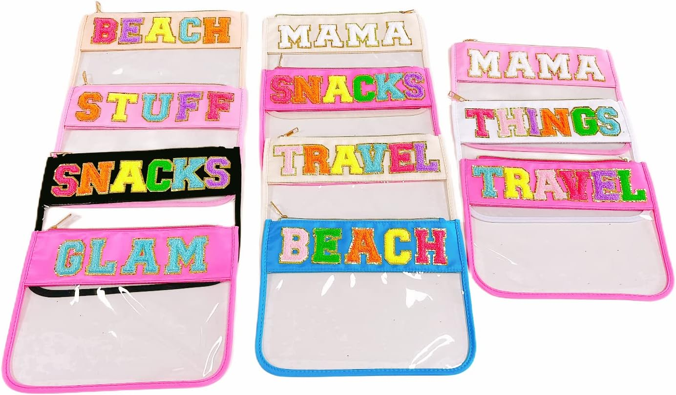 Clear Makeup Letter Bag, Chenille Patch Cosmetic Toiletry Pouch, Stadium Preppy Bags for Women Girls, Beige-Mama image number 3