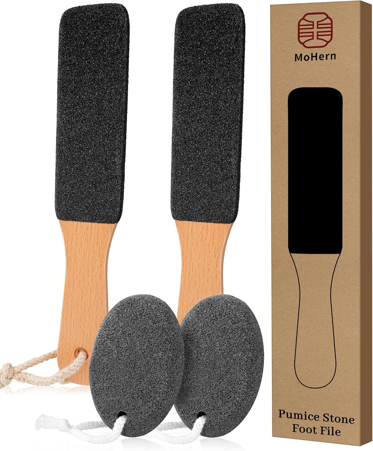 Pumice Stone Foot File, 3Pcs Set Callus Remover for Feet with Wooden Handle, Pedicure Foot Scrubber to Remove Dead Skin, Dry, Rough, Corns Skin Scraper image number 1