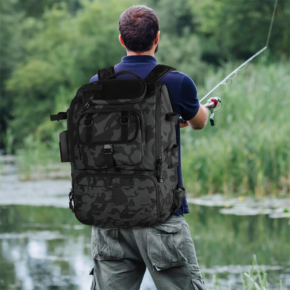 Fishing Backpack with Rod Holders,40L Large Water-Resistant Fishing Tackle Bag with Cooler,Tackle Box Backpack,Black image number 2