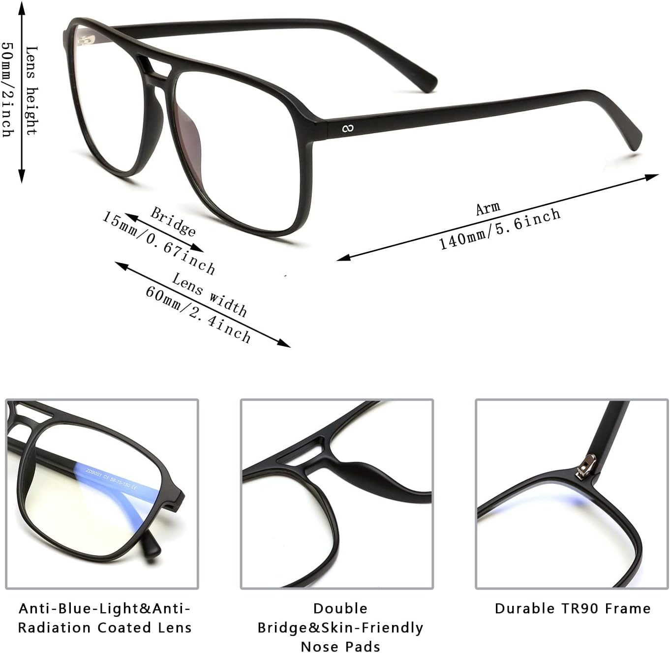 Z&eacute;ro D Blue Light Glasses Aviator Blue Light Blocking Glasses for Men Women Double Bridge Computer Gaming Glasses anti Eye Strain UV Filter image number 5