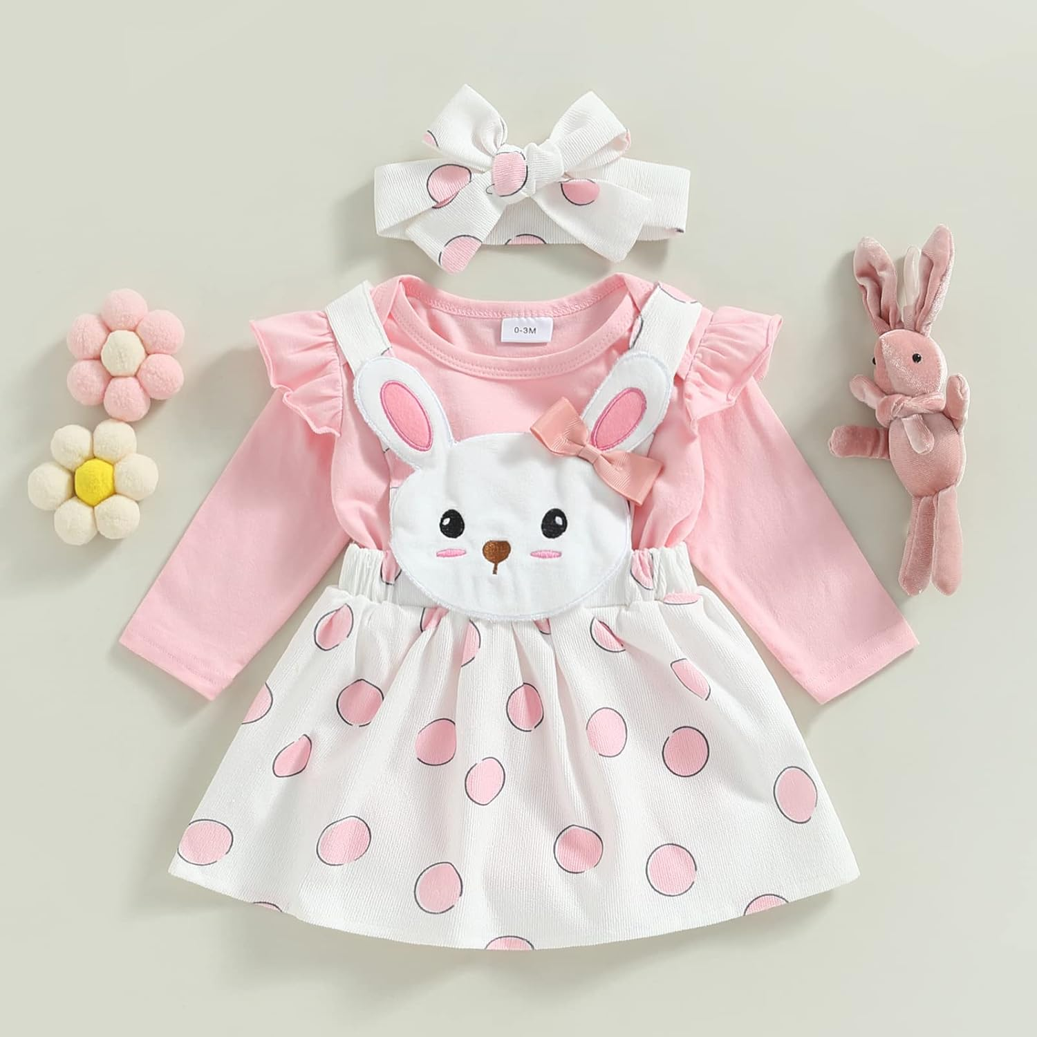 Newborn Baby Girl Pink Bunny Outfit Long Sleeve Romper Rabbit Suspender Skirt Overall Dress Headband My 1St Easter Outfit image number 5
