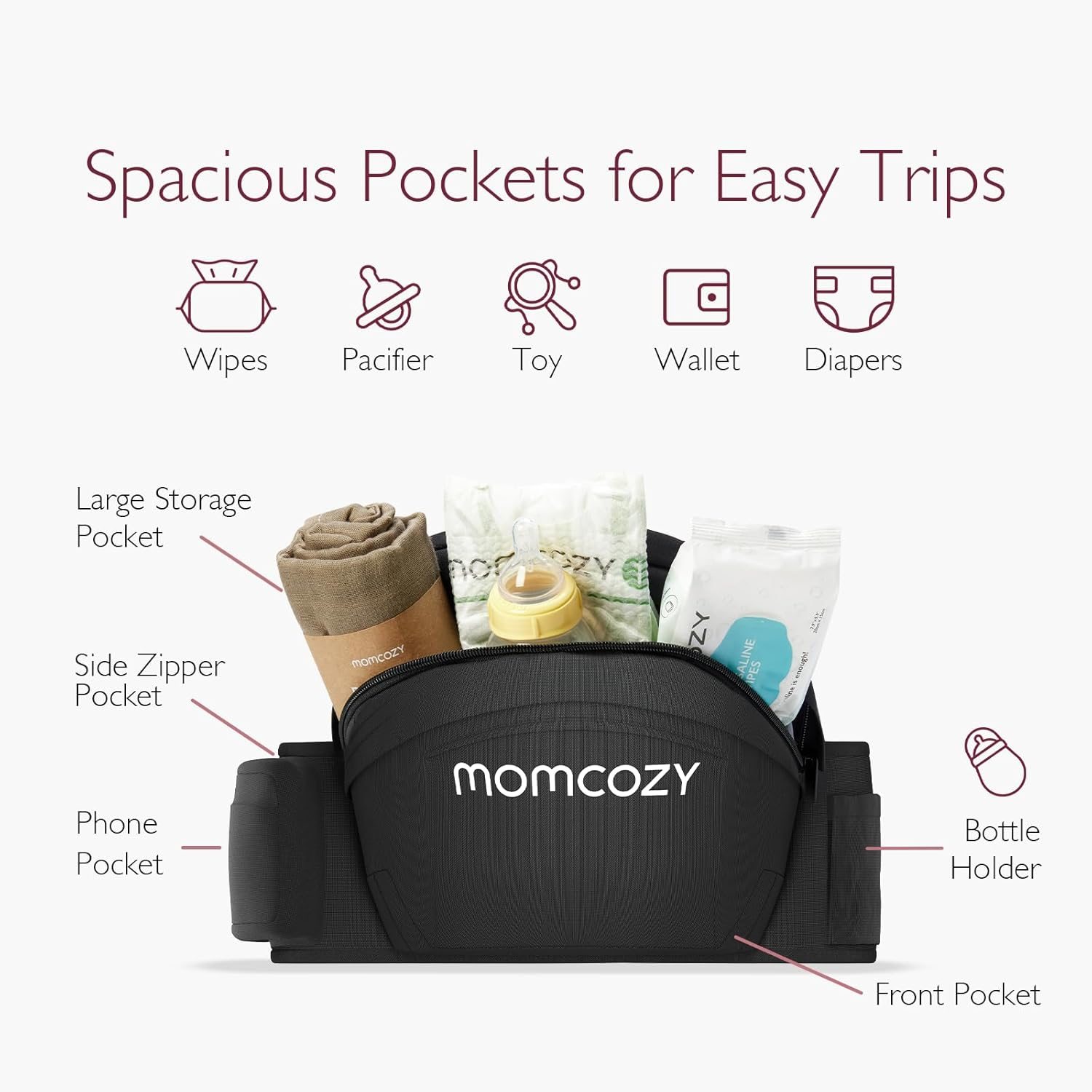 Momcozy Hip Seat Baby Carrier - Adjustable Waistband with Original 3D Belly Protector, Ergonomic Carrier with Various Pockets for Newborns & Toddlers up to 45Lbs, Black image number 1