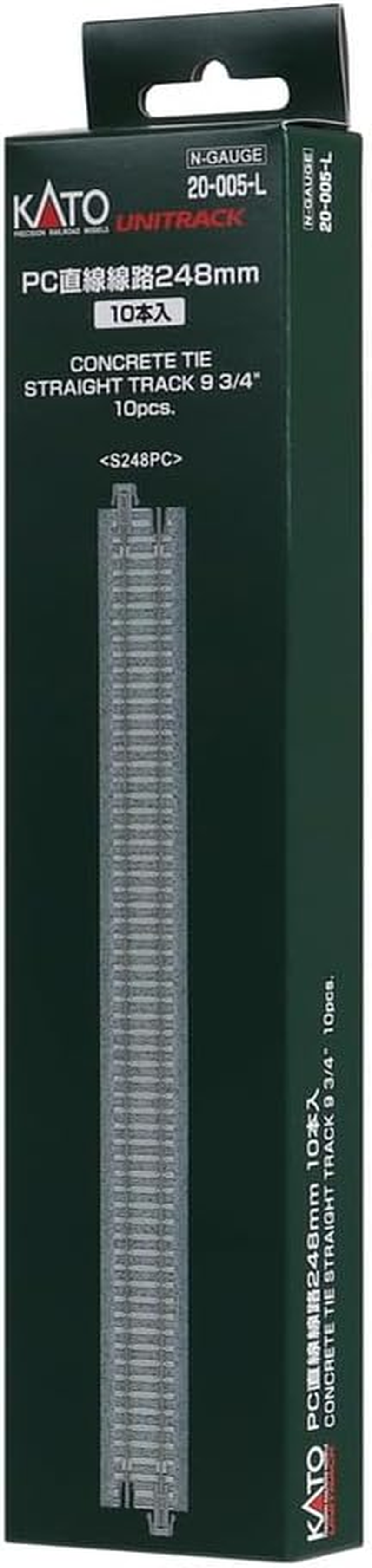 KATO N Gauge PC Straight Track 9.8 Inches (248 Mm), Pack of 10, 20-005-L Model Railway Supplies