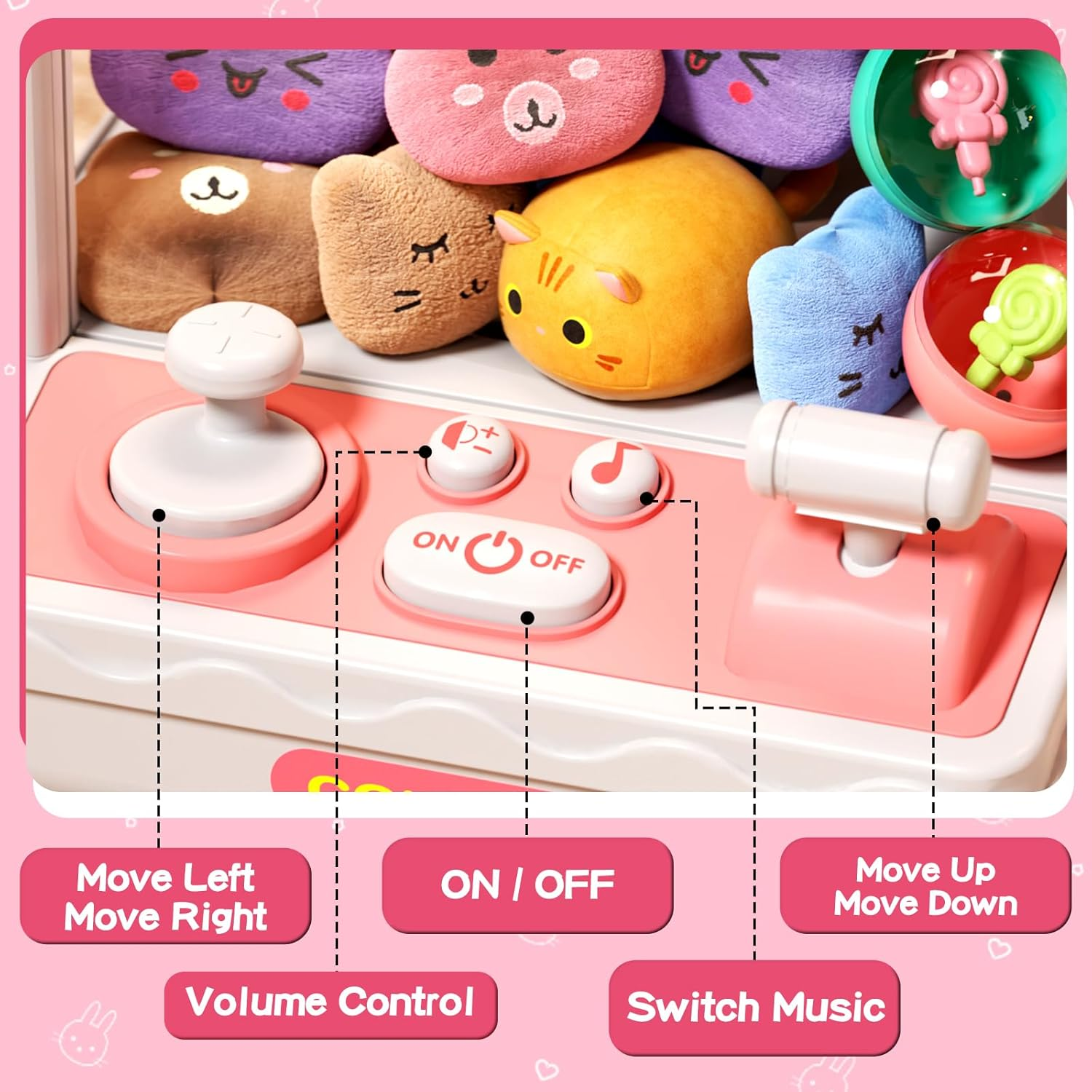 Kids Claw Machine, Mini Candy Vending Grabber, Prize Dispenser Toys for Girls and Boys, Electronic Claw Game Machine for Party Birthdays with Lights Sound, Includes 20 Plush and 10 Mini Toys image number 1