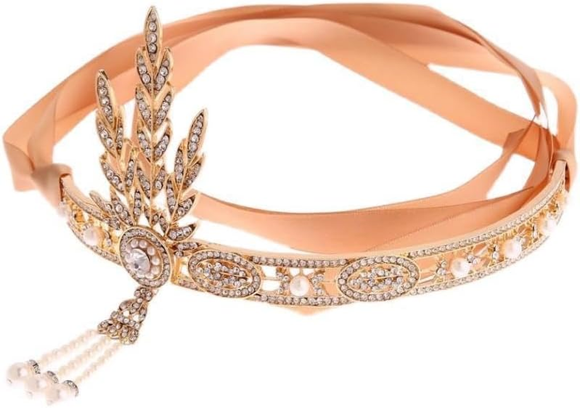 1920S Flapper Rhinestones Pearls Feather Headband Vintage Gatsby Headpiece Crystal Hair Headband for Party Festival Wedding Costume - Gold With Feather image number 2