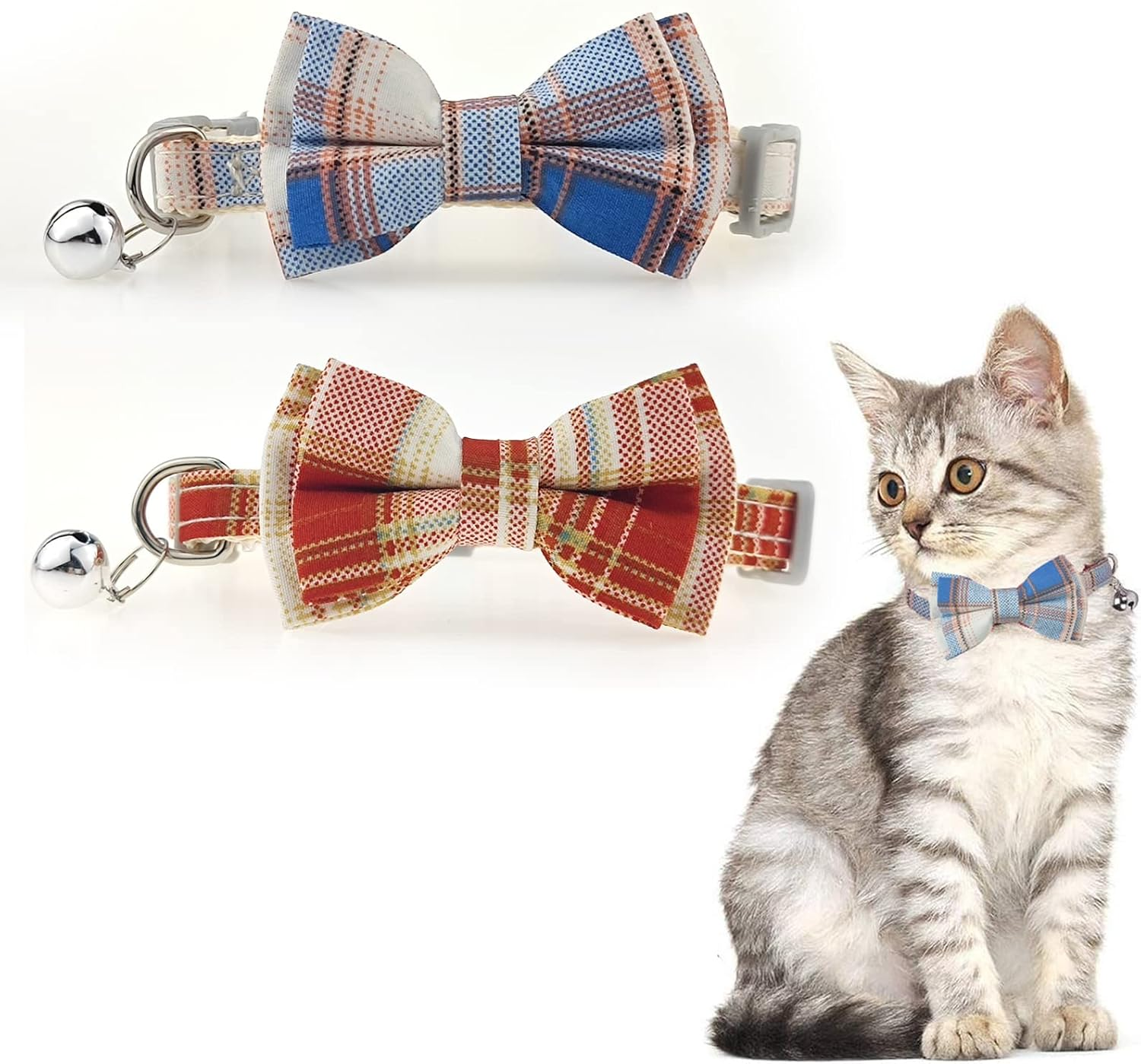 Cat Bow Tie Collars with Bell Adjustable Plaid Collar for Kitten Puppy Cute Collars Soft Cat Collar with Bell Tie