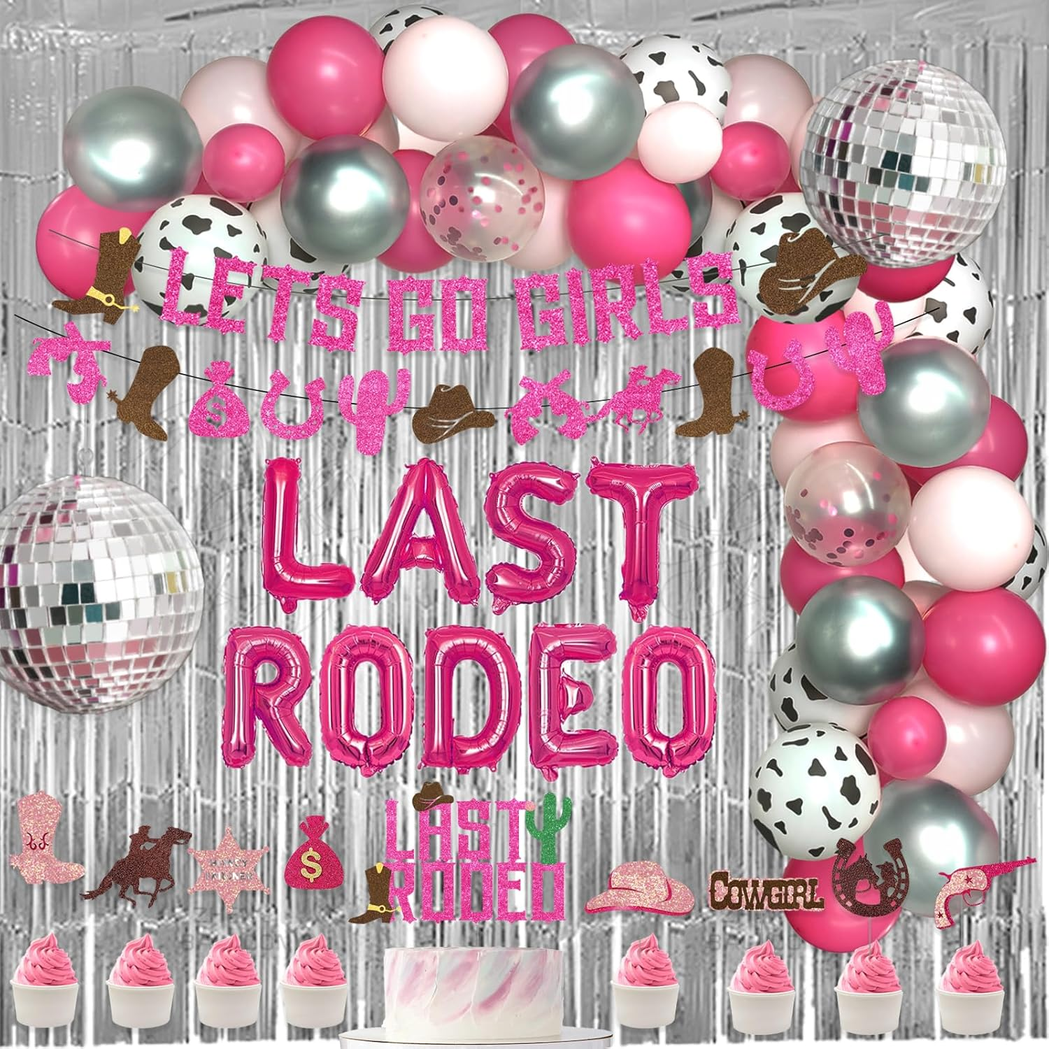 Hombae 101 Pcs Last Rodeo Bachelorette Party Decorations, Nashville Cowgirl Western Bachelorette Bridal Shower Fringe Curtain Balloon Garland Lets Go Girl Glitter Banner 4D Disco Ring Pink Silver