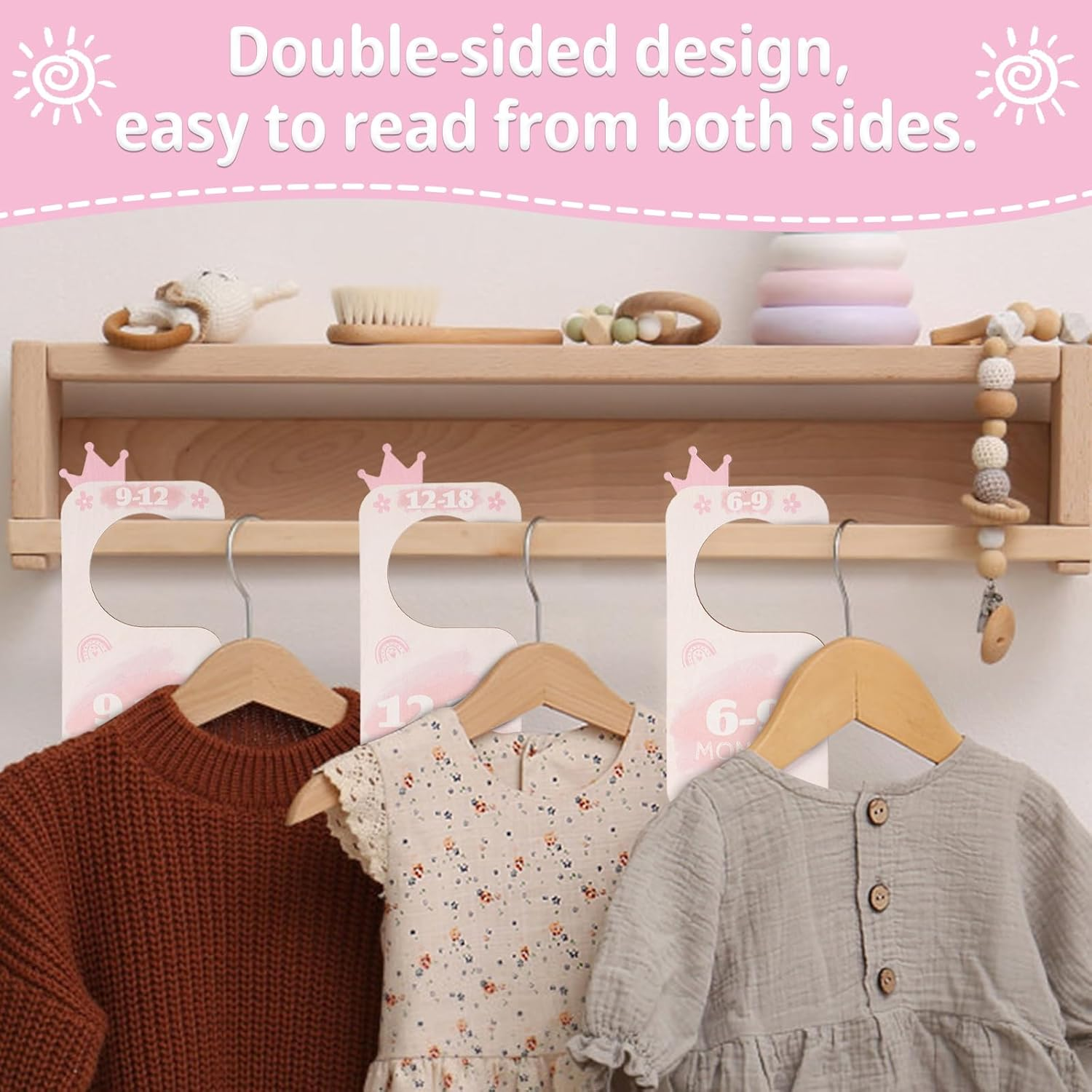 8Pcs Baby Closet Dividers, Basswood Baby Wardrobe Organizer Double-Side Baby Hanger Dividers by Clothing Sizes Baby Nursery Hanger Dividers for New Mom Dad Parents (Crown) image number 5