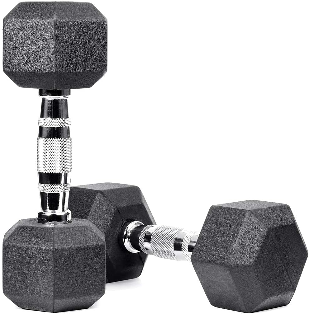 METEOR Hex Dumbbell Sets &ndash; Flat Bottom Rubber Coated Dumbbells, Exercise Weights with Ergonomic Steel Handles, for Strength Training, Body Building, Weightlifting, Workout, Gym, Fitness