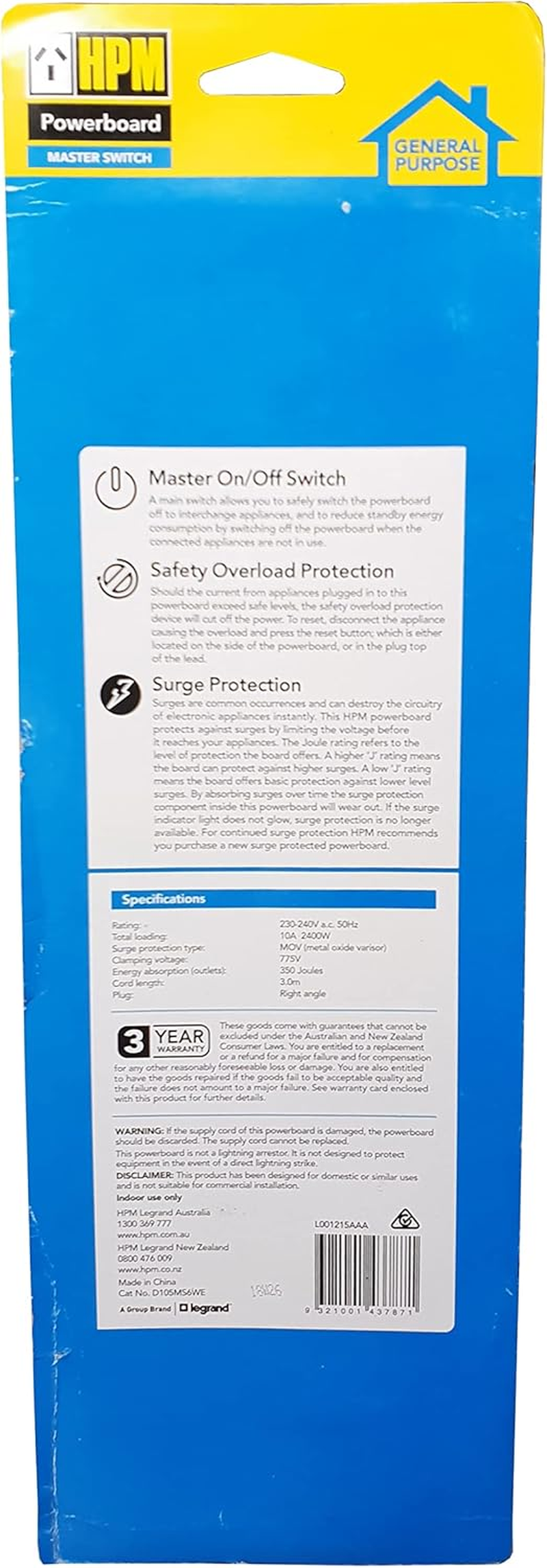 HPM 6 Outlet Surge Protected Powerboard with Master Switch image number 1