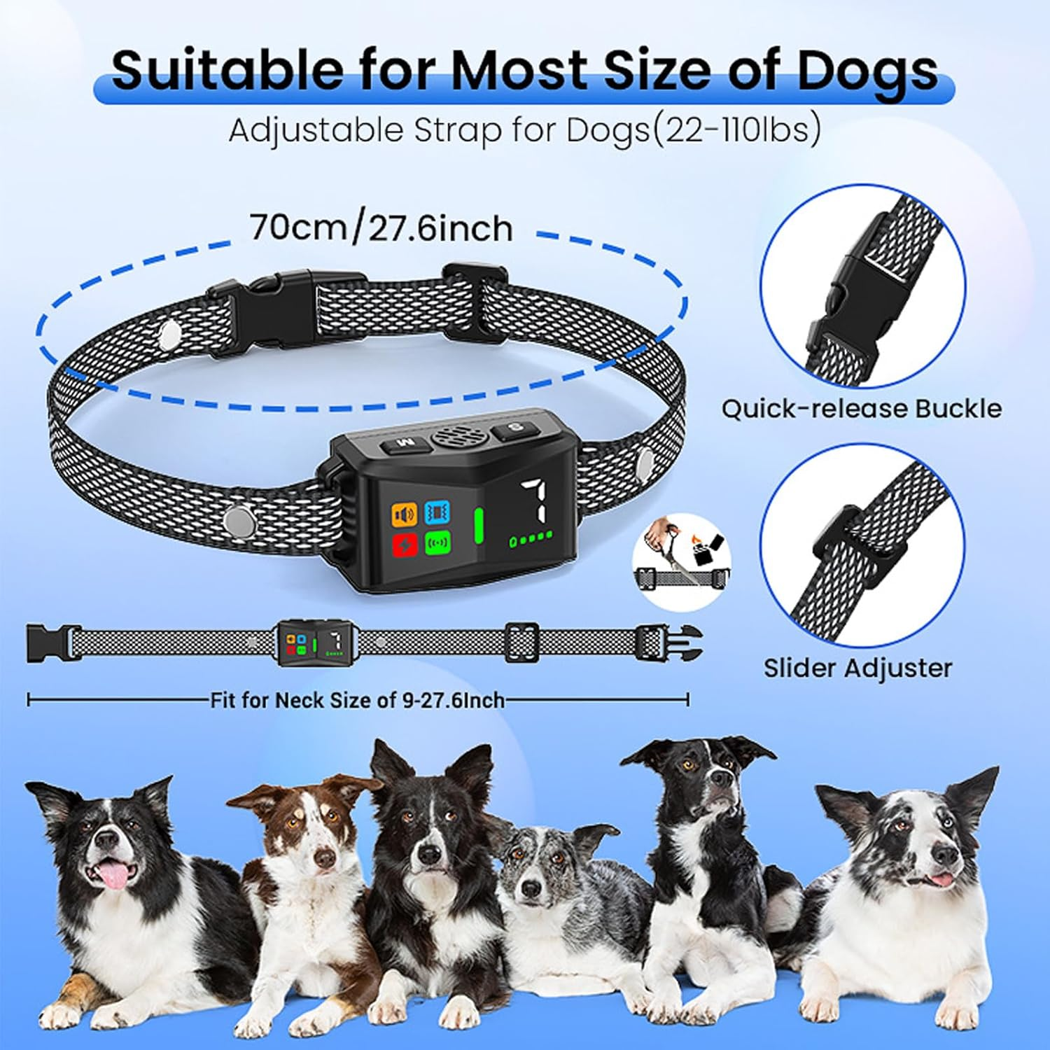 Dog Bark Collar, Ultrasonic Dog Bark Control, 6 Adjustable Modes & 7 Sensitivities, Rechargeable Smart Barking Collar, IPX6 Waterproof Dog Training Collar for Neck Size of 23-70Cm