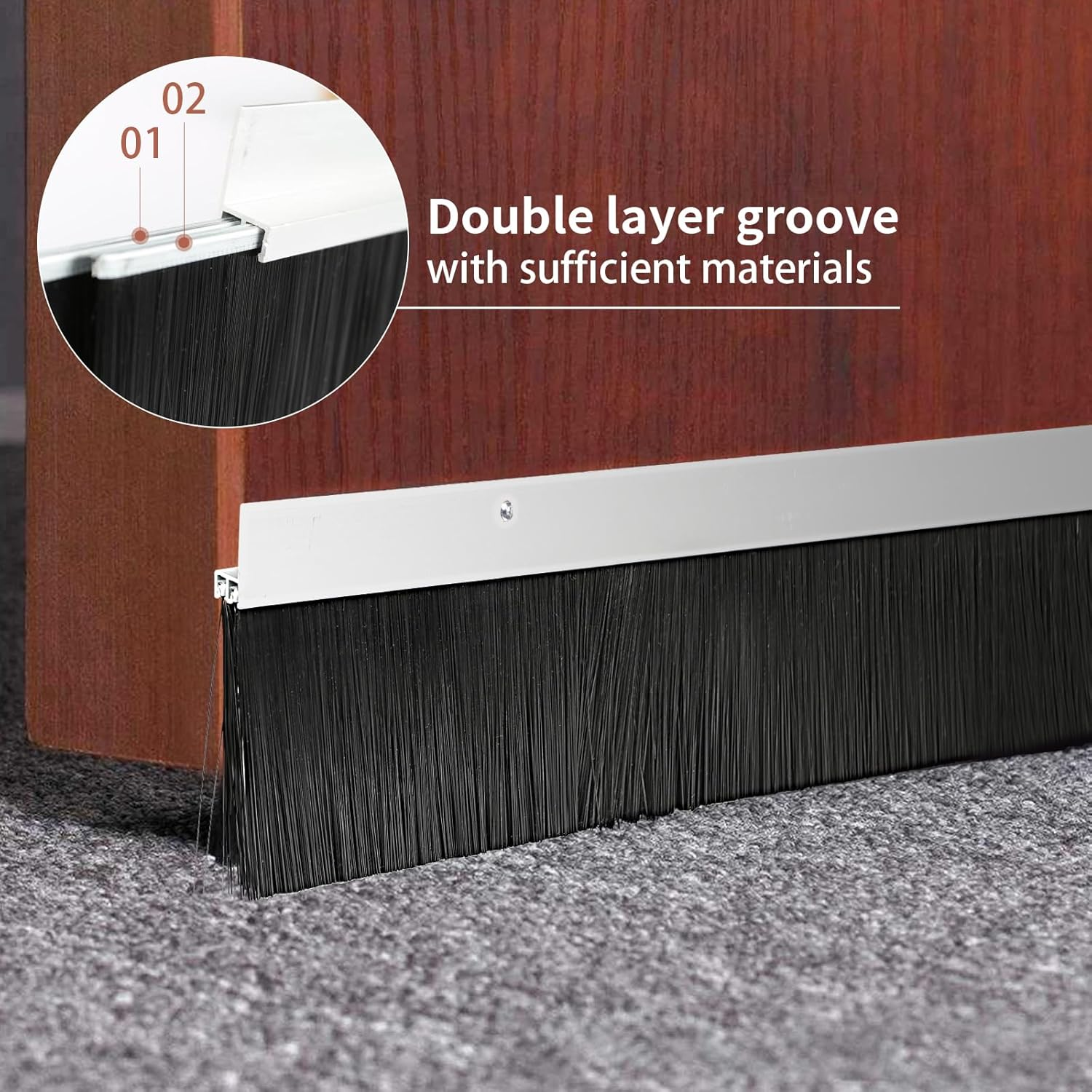3 Pack Double Layer Garage Door Brush Seal Kit &ndash; 2.5" X 39.3" Bottom Sweep Draught Excluder Stopper &ndash; Heavy Duty Aluminum Base &ndash; Dust, Insect Proof for Roll-Up, Exterior & Industrial Use (118") image number 5