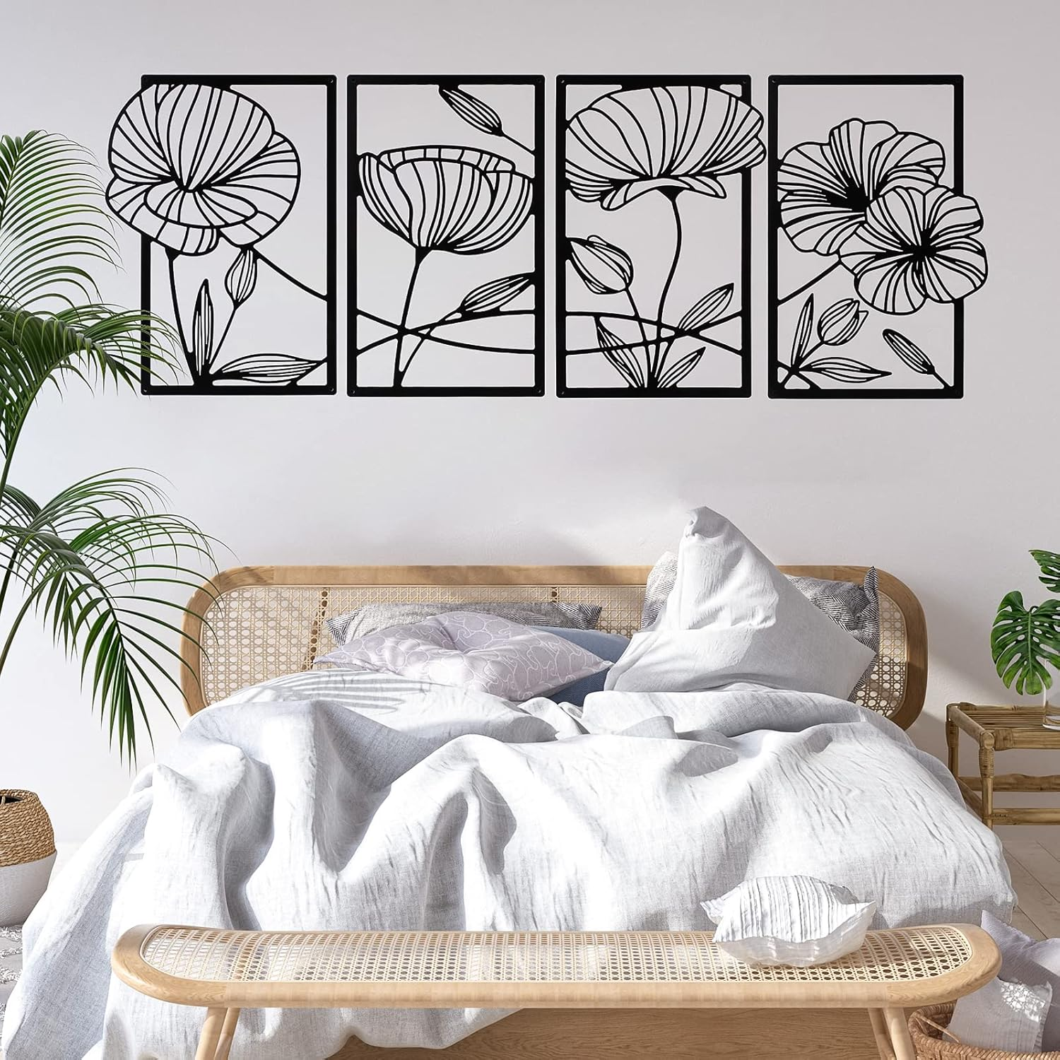 Cunno 4PCS Metal Line Art Wall Decor Living Room Metal Flower Minimalist Sculpture Modern Aesthetic Poppy Floral Minimalist Wall Hanging Bedroom Home Kitchen Bathroom 16.5X11.9'' (Black) DAY-234 image number 3