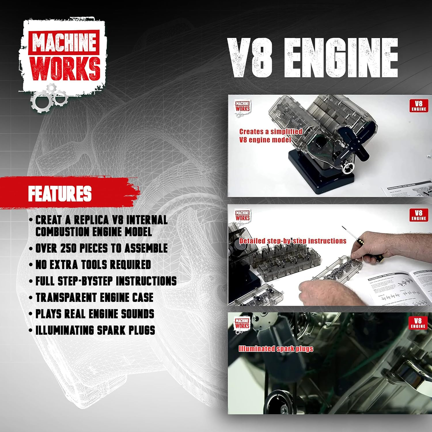 Machine Works V8 Engine Model Kit Build Your Own Motorized Engine with Moving Parts & Sound, STEM Educational Toy for Kids Age 10+ image number 1