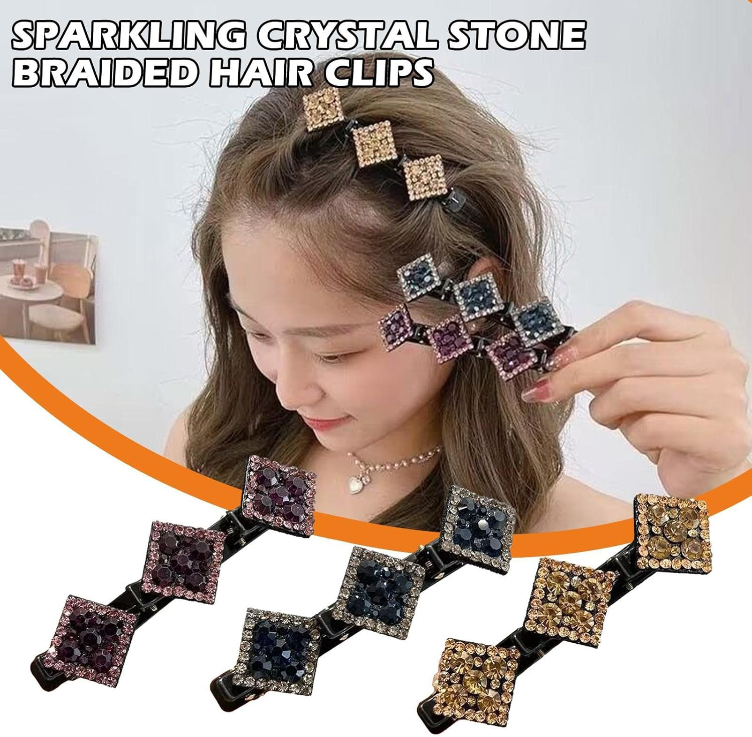 PLGEBR 1Pcs Sparkling Crystal Stone Braided Hair Clips, Rhinestone Hair Clips, Rhombus Chopped Hairpin Clip, Braided Hair Clip with Rhinestones for Women Satin Fabric Hair Bands image number 5