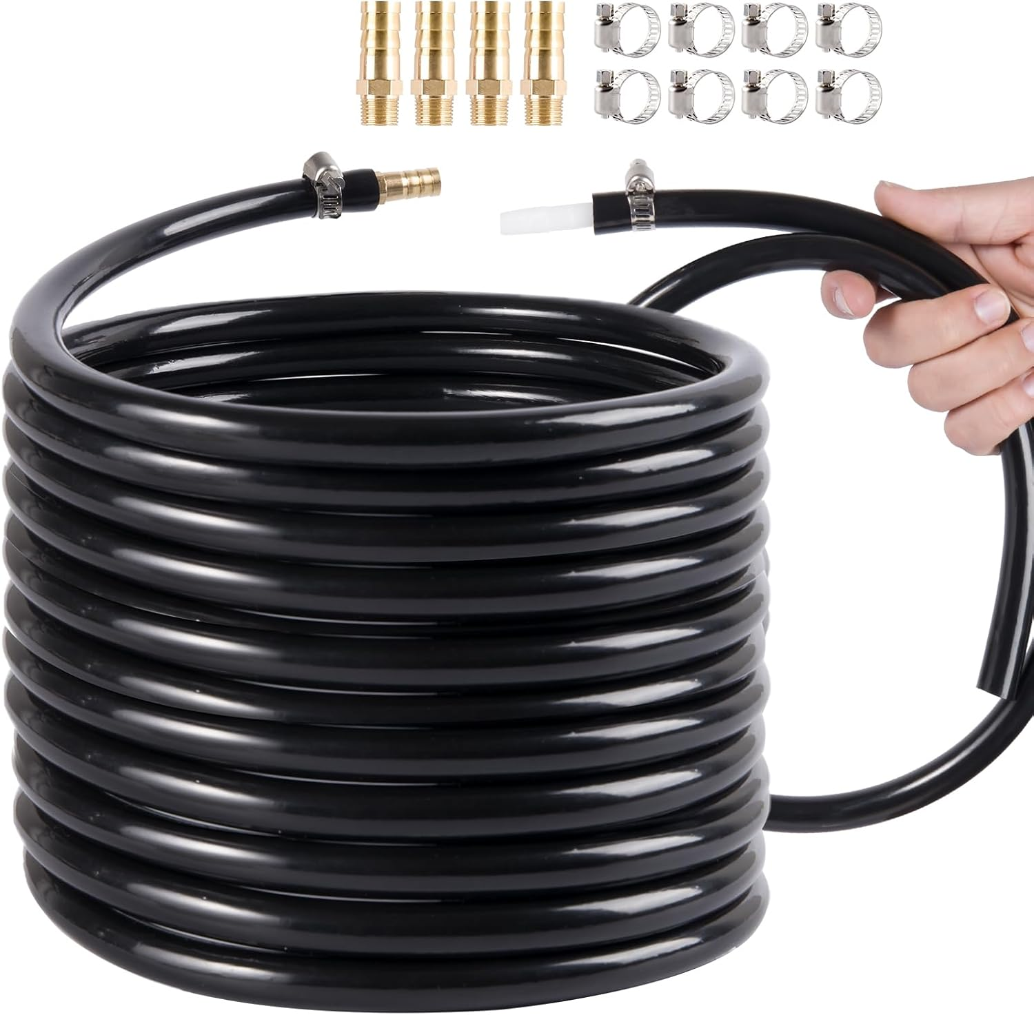 Self Sinking Aeration Hose,3/8 Inch 100 Ft Weighted Pond Aeration Tubing with 8 Stainless Steel Hose Clamps and 4 Copper Menders Used for Pond Aeration Kit Hoses (100FT) image number 2