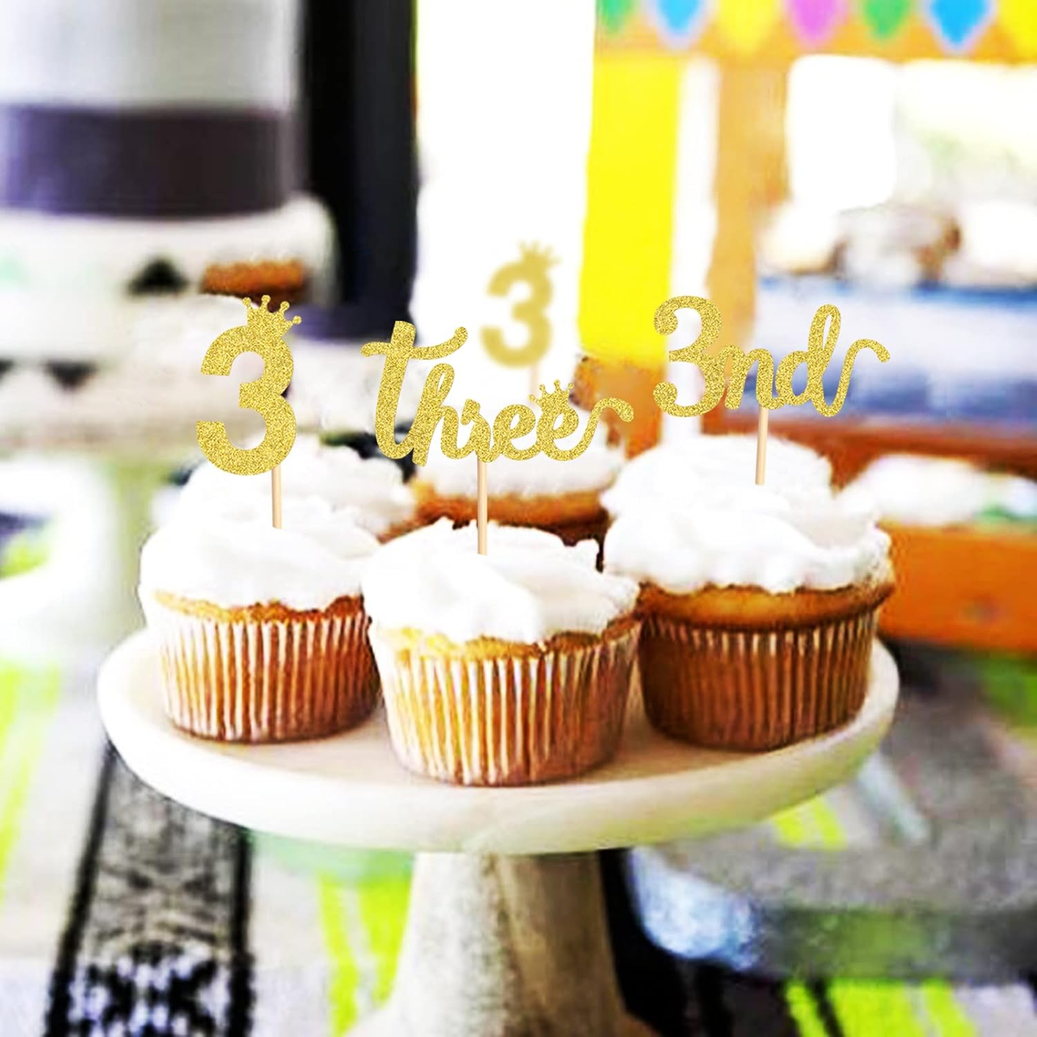 24PCS 3Nd Crown Birthday Cupcake Toppers Three Birthday Three Cupcake Picks Baby Shower Theme Prince Crown Party Cake Decorations Supplies Gold image number 2