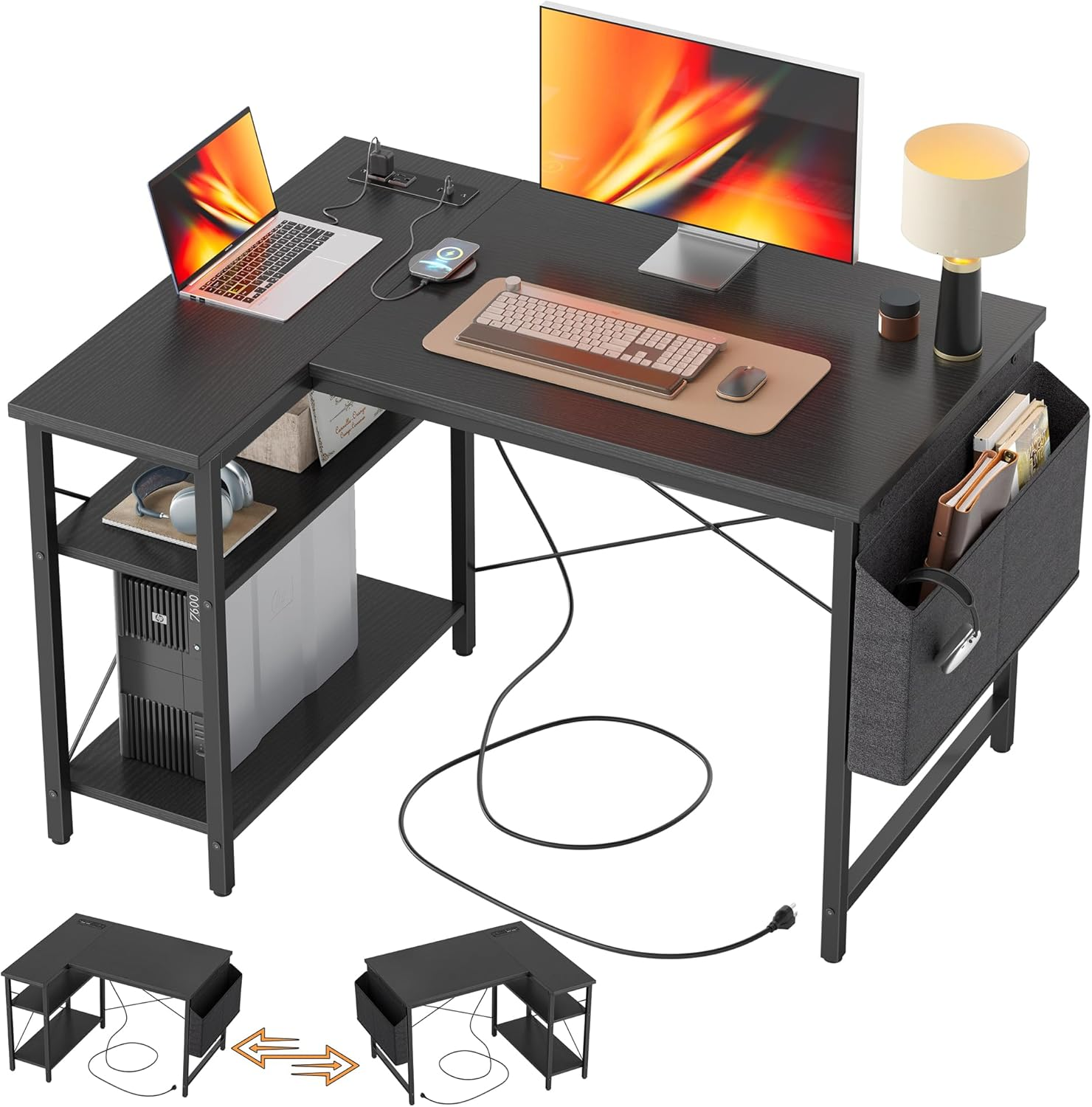 TIQLAB Small L Shaped Desk with Power Outlets - 100X70 Cm Corner Computer Desk Writing Table, Reversible Large Storage Shelves, Bookshelf Workstation for Study Play Work Bedroom Home Office, Black image number 2