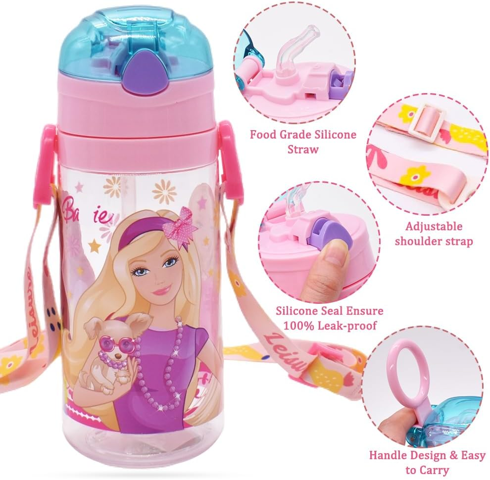 PLNVNVP Barbi Children'S Water Bottle, Barbi Water Bottle with Straw, Water Bottle for Girls and Boys for School, Travel and Outdoor Sports, 520 Ml, Purple