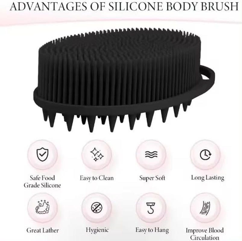 Ashintaranji Silicone Body Scrubber, Soft Shower Brush,Premium Silicone Loofah with Hook,2 in 1 Bath and Shampoo Massage Hair Brush，Wet and Dry Scalp Brush for Kids,Women,Men,Adult, Baby, Pets (Black) image number 4