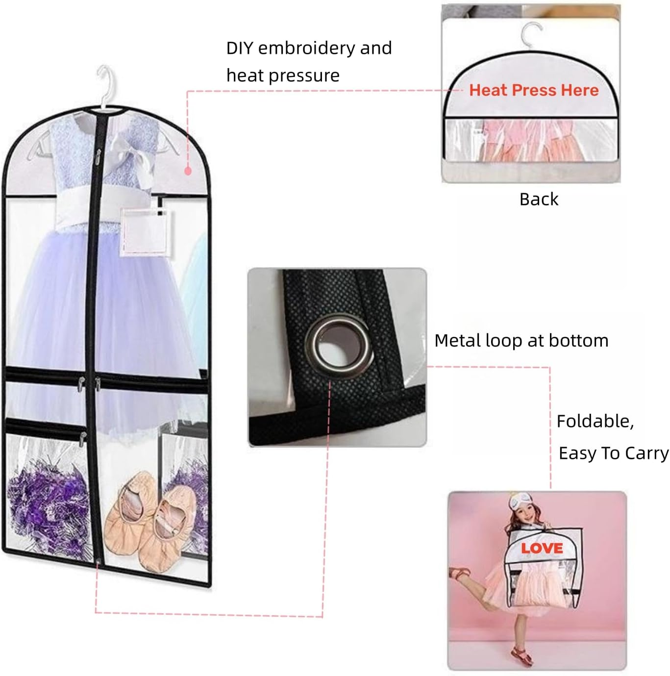 Clear Dance Costume Garment Bag, 39 Inch Garment Bag for Dance Competitions, Kids Hanging Clothes Cover for Girls Closet Storage with 3 Zippered Pockets (2 Pack, Clear) image number 1
