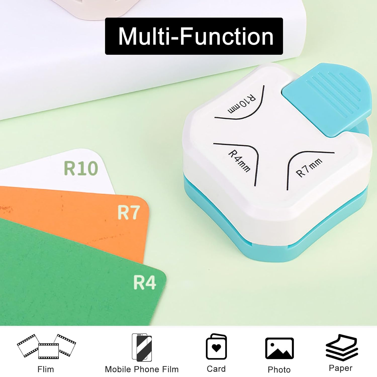 3-In-1 Corner Rounder Punch, R4 R7 R10 Paper Cutter for Craft Paper, 3 Available Angles Circle Cutter for Card, Photo, Film, DIY, Scrapbooking, White image number 1