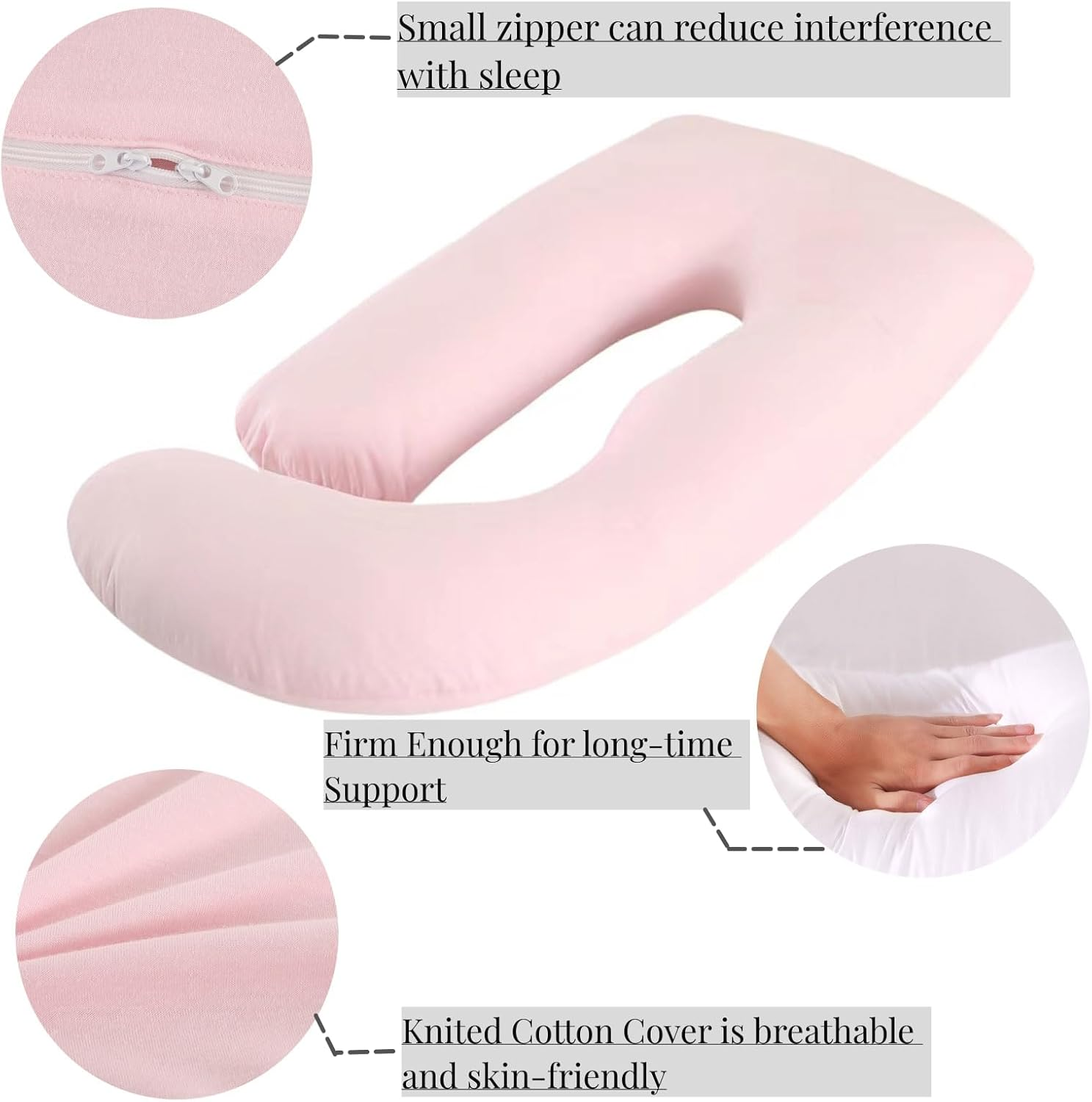 Pregnancy Pillow, Maternity Full Body Pillow for Back, Legs and Belly Support, J Shaped Full Body Pillow for Pregnant Women and Side Sleepers with Removable Cover (Knitted Cotton, Pink)