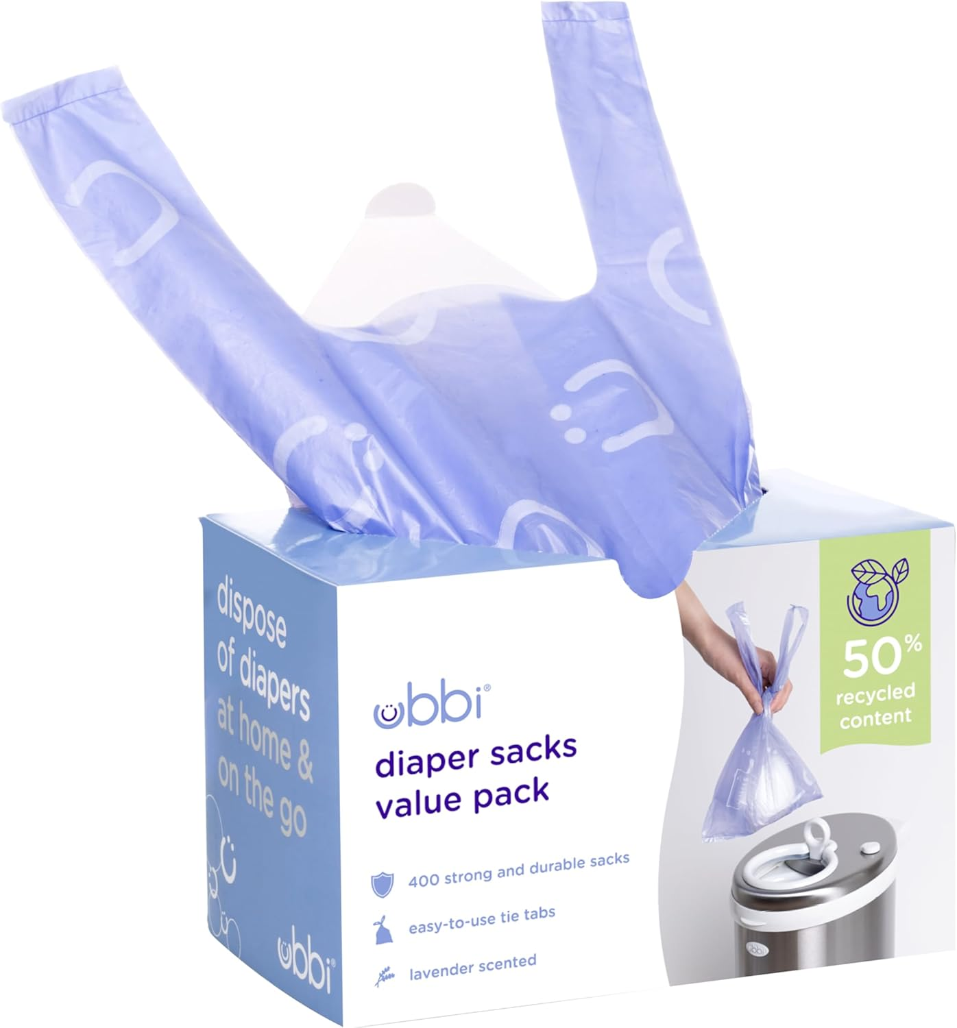 Ubbi Disposable Diaper Sacks, Lavender Scented, Easy-To-Tie Tabs, Made with Recycled Material, to Use at Home or On-The-Go, 400 Counts image number 2