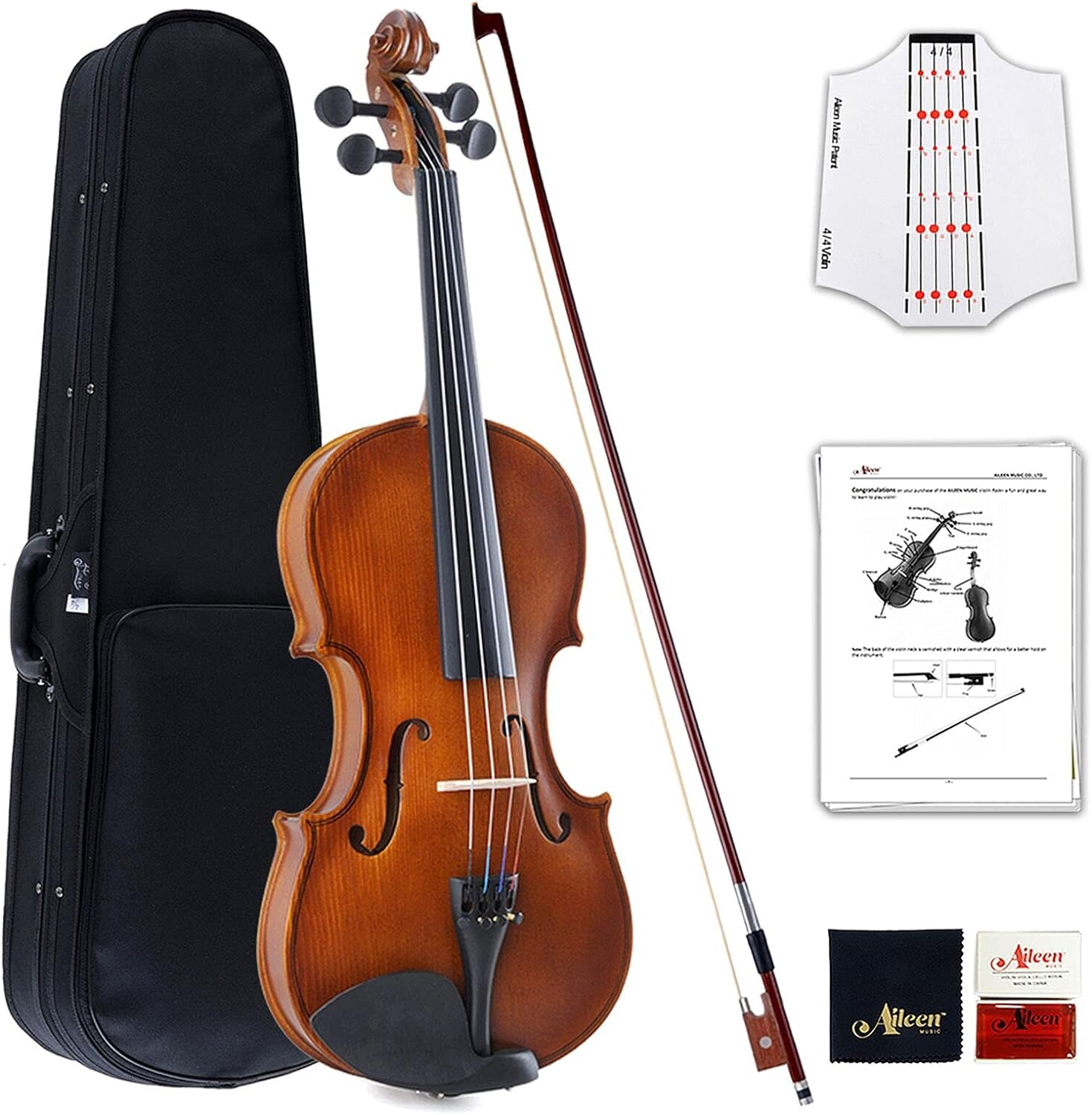 Aileen Violin 4/4 Full Size for Beginners with Fingerboard Sticker, User Manual, Hard Case, Bow, Rosin, Bridge, and Polishing Cloth
