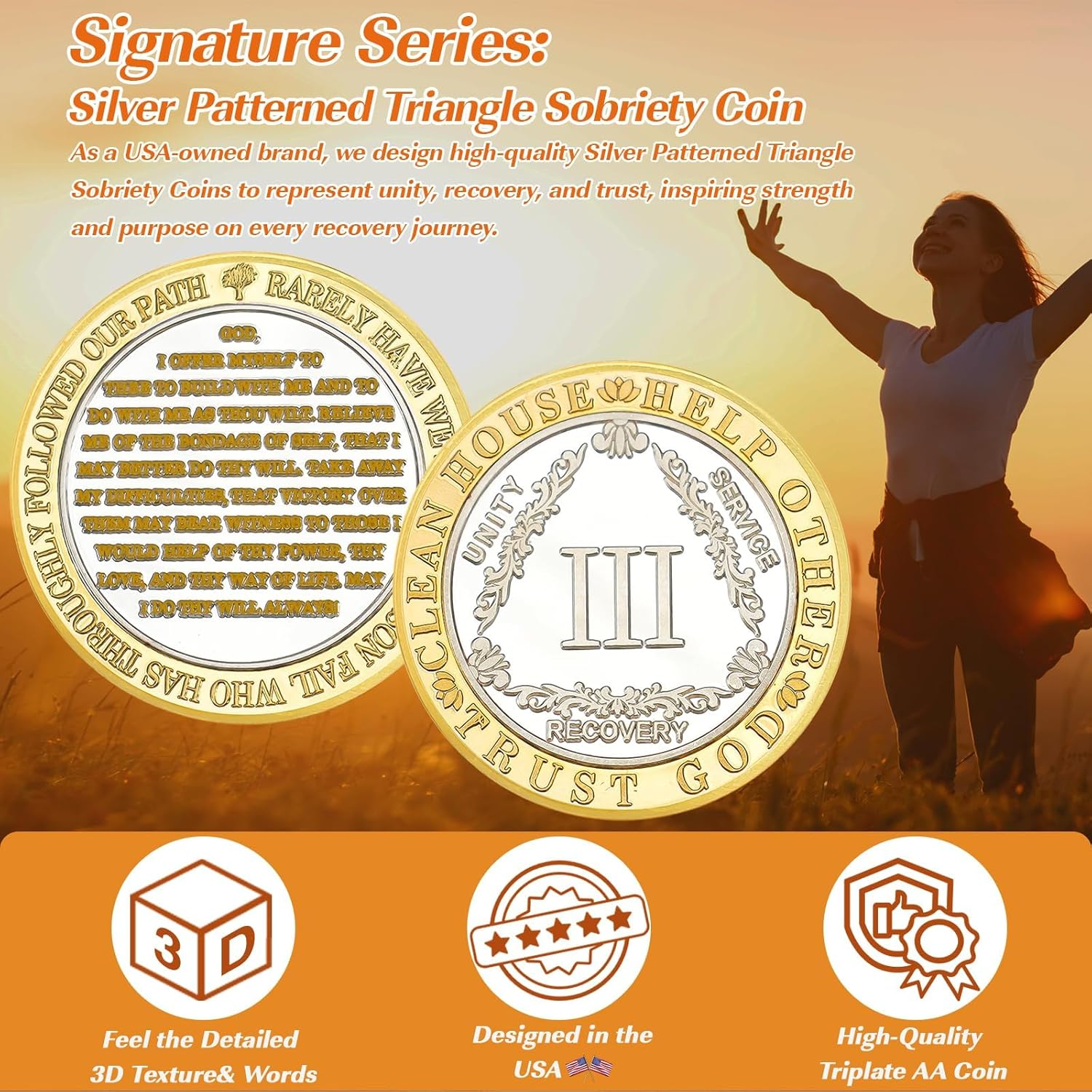 Silver Pattern Triangle 3 Year Sobriety Coin- Affirmation Sober Coin - AA Chips and Medallions &ndash; Addiction Recovery AA Coins &ndash; Narcotics Alcoholics Anonymous Sobriety Gifts for Women Men image number 1