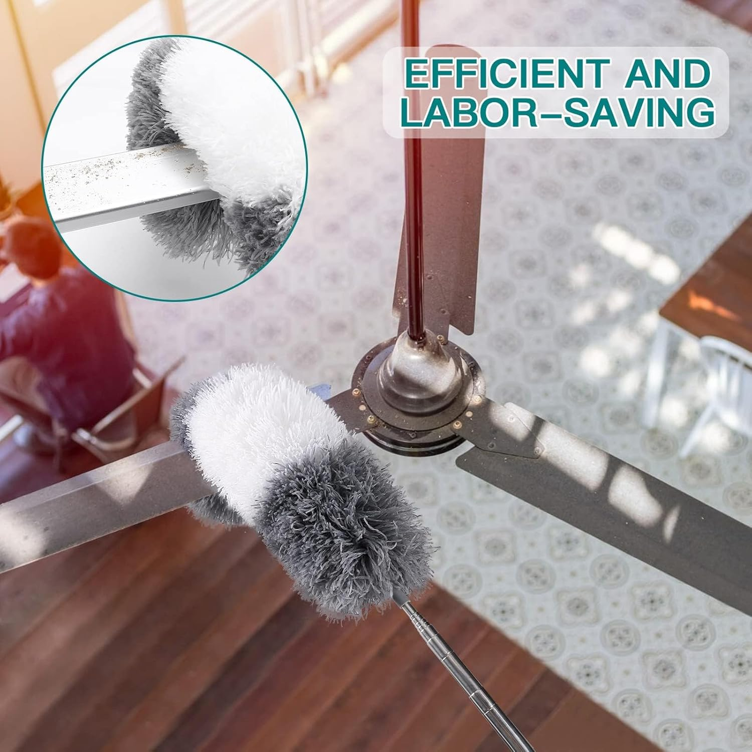 ZERIFAM Microfiber Duster Kit, 4 Pcs Microfiber Feather Duster with Extension Pole, Reusable Bendable Washable Dusters for Cleaning Ceiling Fan, High Ceiling, Blinds, Furniture, Cars (Grey/White) image number 3