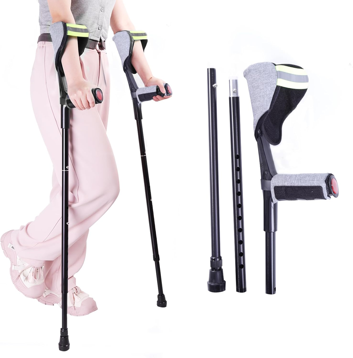 ENLUNTRA Forearm Crutches for Adults, 2 Pcs, Adjustable Arm Crutch with Elbow Strap and Cushion, Portable and Foldable Crutches, Grey Cushion image number 3