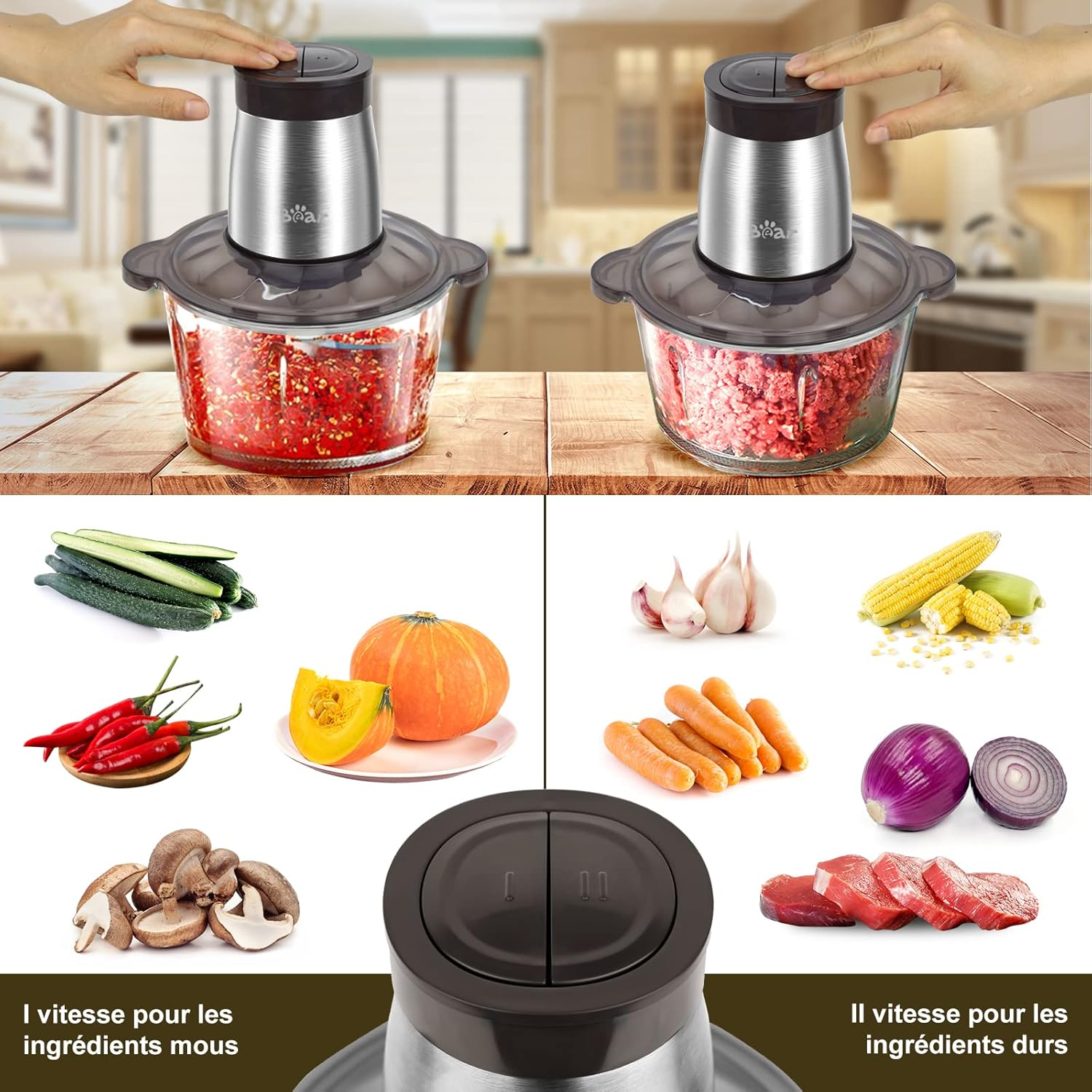 Bear 2L Food Processors 300W Electric Vegetable Chopper Glass Container with 4-304 Stainless Steel Knife for Meat, Smoothie, Onions, Fruit, Vegetables image number 3