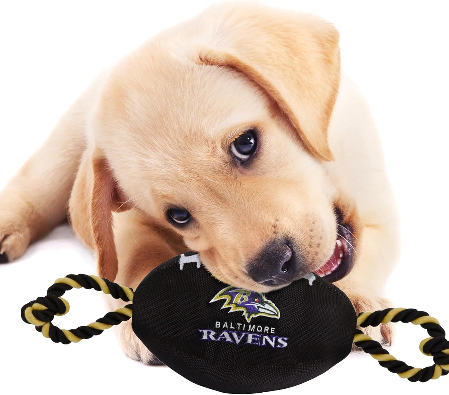 Pets First NFL Baltimore Ravens Football Dog Toy, Tough Nylon Quality Materials with Strong Pull Ropes & Inner Squeaker in NFL Team Color (BAL-3121) image number 3