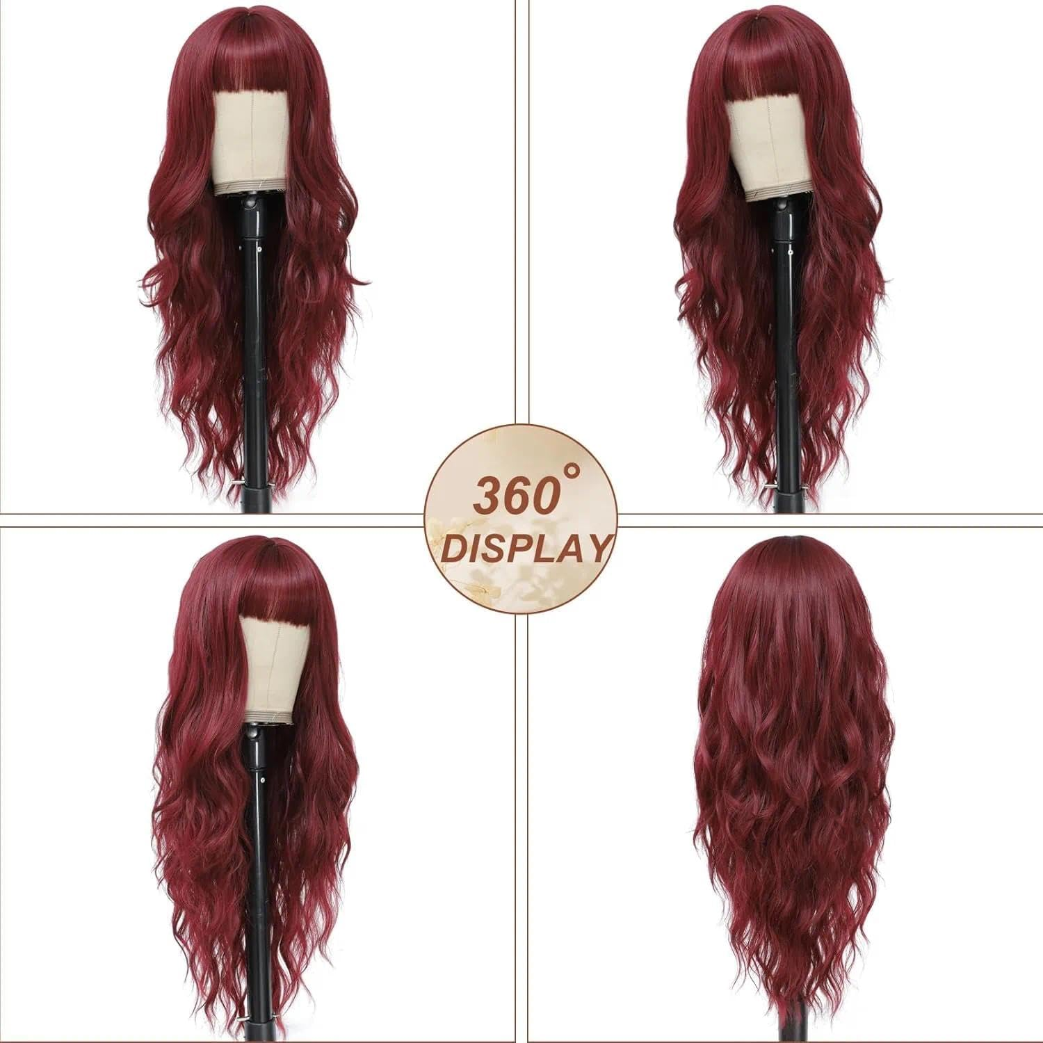 26 Inch Long Burgundy Wig with Bangs for Women, 26 Inch Heat Resistant Synthetic Fiber, Natural Looking Red Wavy Hair - Weidllys