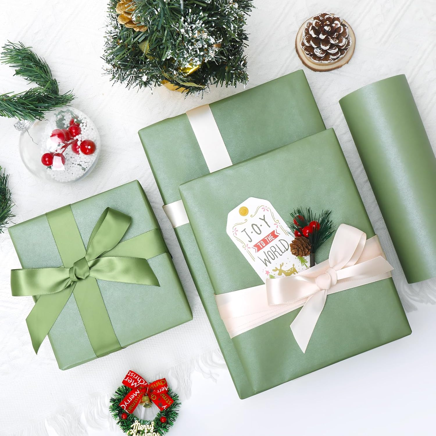 Fayrvind Sage Green Wrapping Paper Roll, 17 Inch X 32.8 Feet Solid Color Pearlescent, Luxury Gift Wrapping Paper for Baby Shower, Wedding, Birthday, Christmas, DIY Project, Gift Wrap Paper Roll image number 3